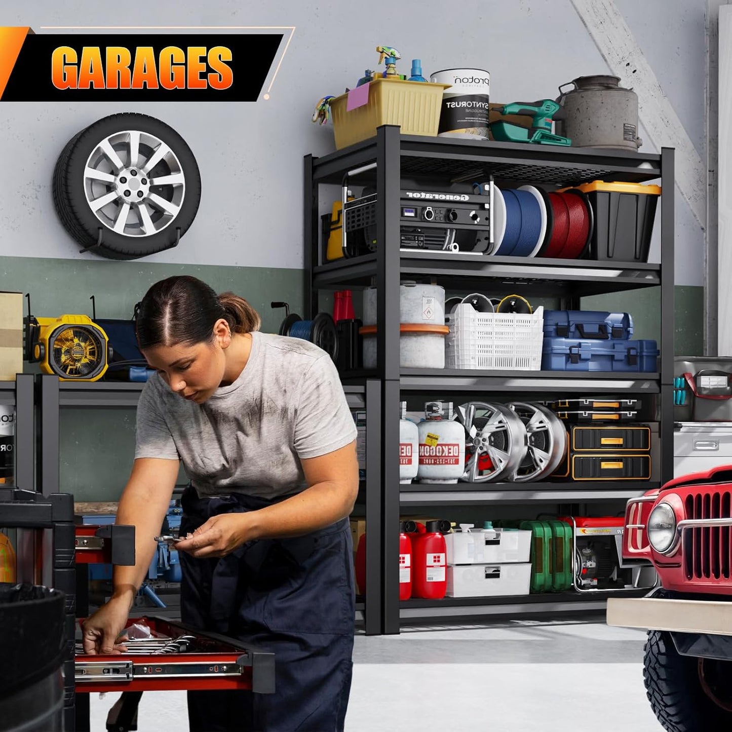 Large Garage Shelving, 5-Tier Garage Storage Shelves 3000LBS Heavy Duty Shelving Unit, Adjustable Steel Metal Shelving, Wire Shelves for Garag, Utility Rack Shelf for Basement, 72”H×59”W×19.7”D