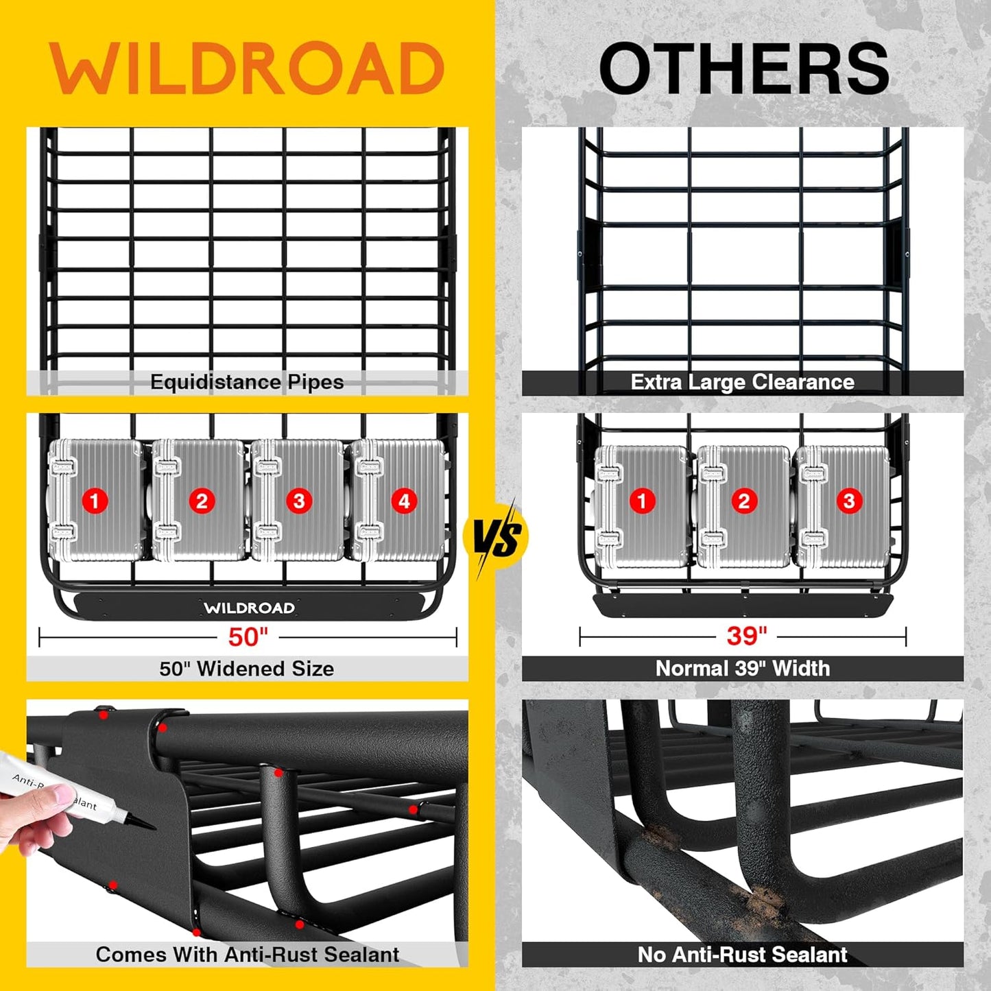 Wildroad Roof Rack Cargo Basket, Upgraded 4” Fence Wide Car Roof Basket Combo, 64"x 50"x 4" Universal Roof Cargo Carrier Basket with Cargo Bag, Cargo Net and Ratchet Straps Fits for SUV Truck Cars