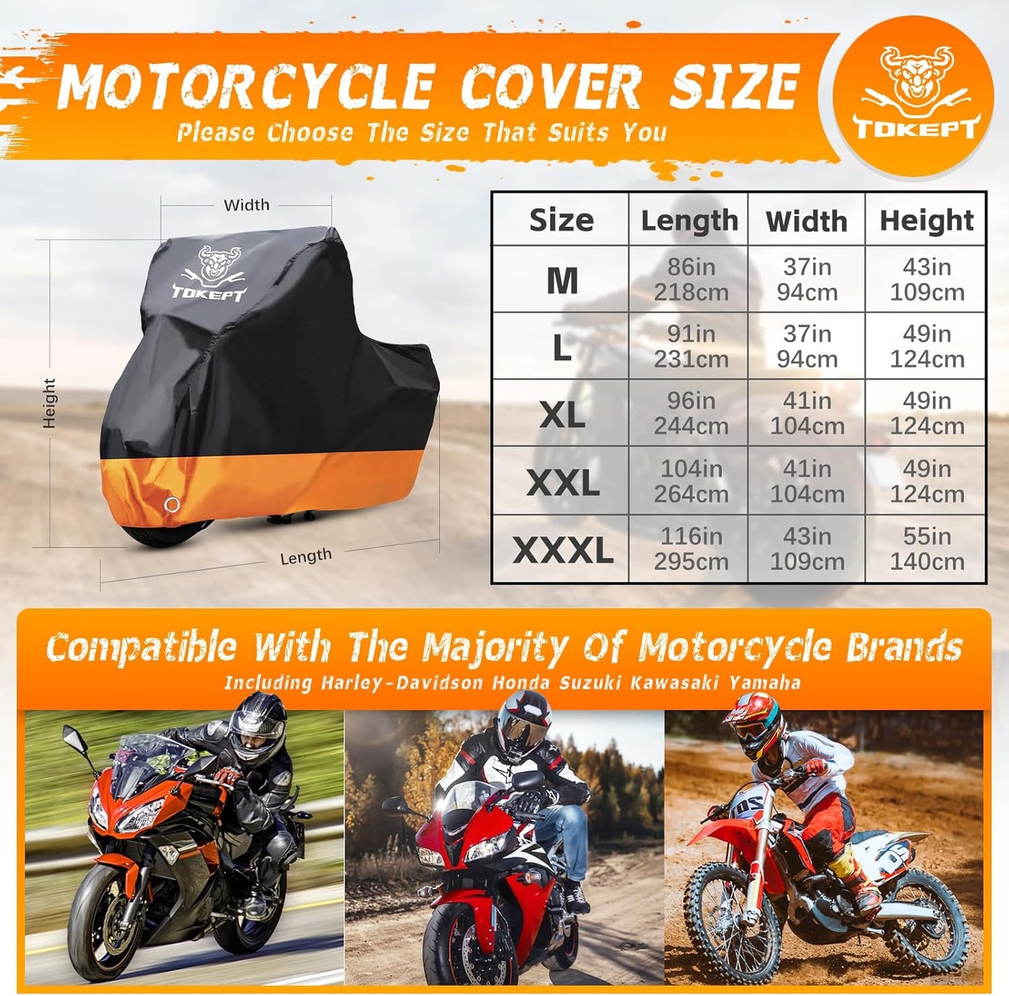 Motorcycle Cover, All-Season Waterproof Outdoor Sun Protection Fit up to 86 Inch Harley-Davidson Honda Suzuki Kawasaki Yamaha (M Black&Orange)