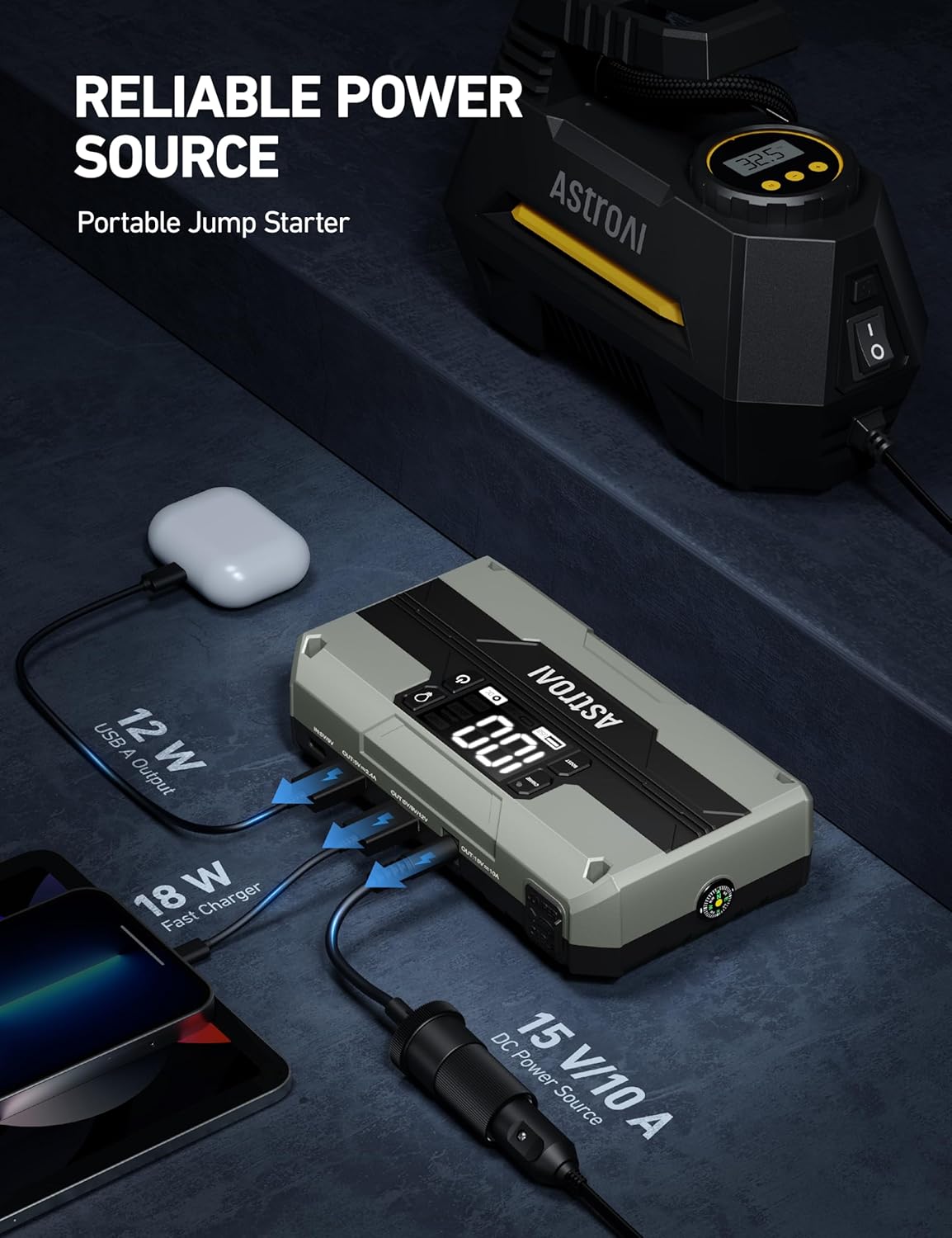 AstroAI T8 Car Battery Jump Starter, 2500A 8-in-1 Jump Box for Car Battery, Up to 8.0L Gas & 5.0L Diesel Engine, 15200mAh QC 3.0 Power Bank, Informative LED Screen with Cigarette Adapter, Jumper Cable