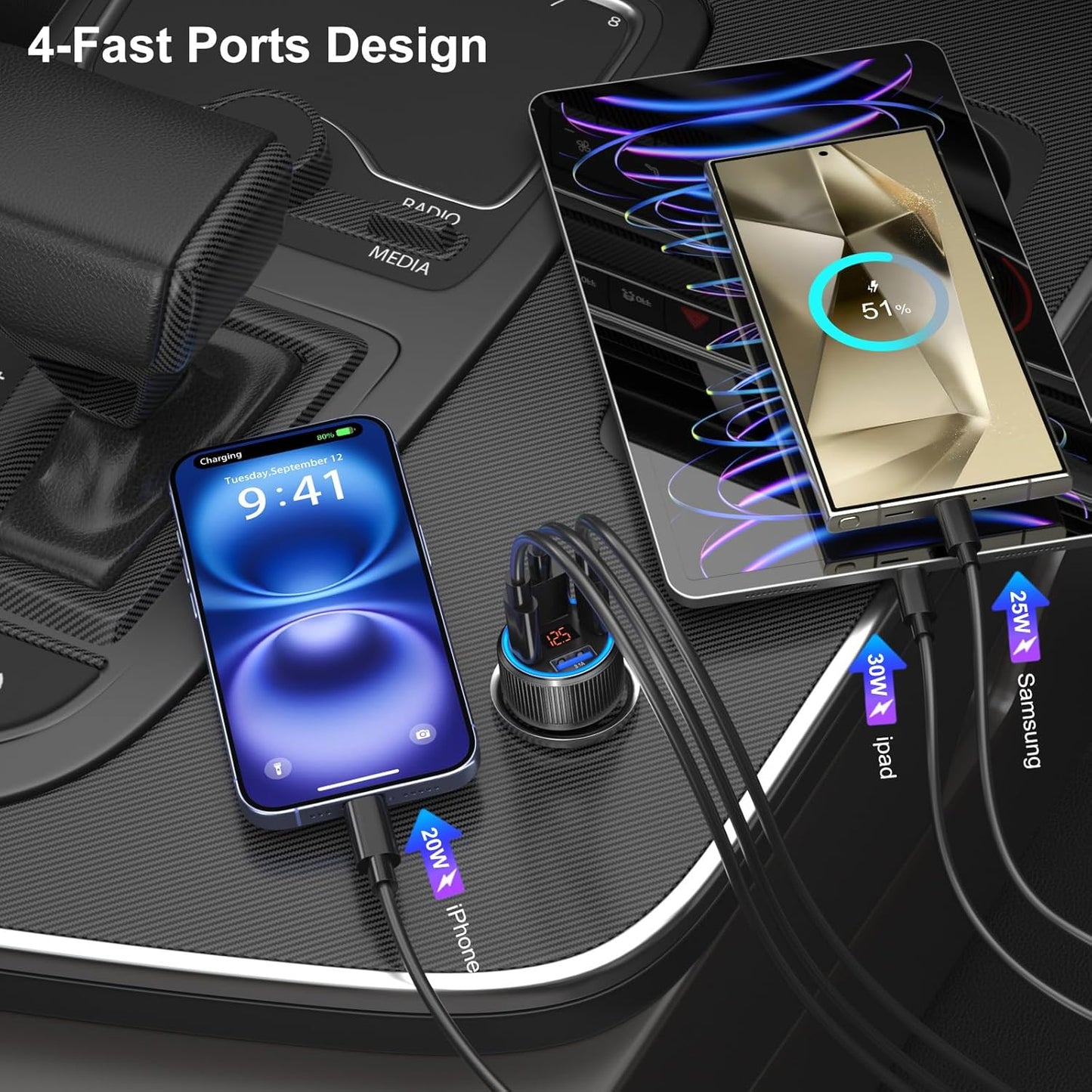 USB C Car Charger, Costyle 65W Dual USB-C & USB-A Multi Port Cigarette Lighter Adapter with Voltmeter QC/PD 3.0 Fast Charging 12V Car Phone Charger for iPhone 16 15 14 13 12 11 Pro Max Samsung(Black)
