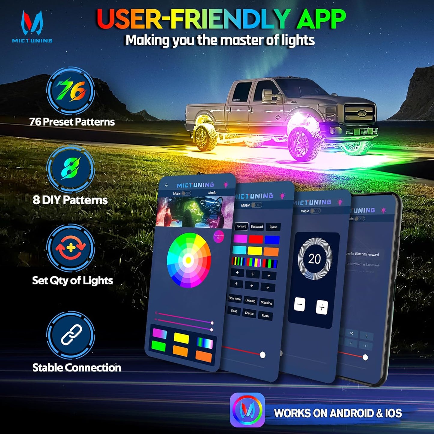 MICTUNING 2025 1000% Bright Q1 MAX RGB+IC Rock Lights, 8 Pods Chasing Dreamcolor Extensible Underglow Multicolor Neon Light Underbody Lighting Kit with APP Control for Truck ATV UTV Boat