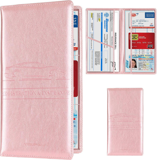 TOURSUIT Car Registration and Insurance Card Holder, Vehicle License Document Glove Box Compartment Organizer, Interior Car Accessories for Women Men Teens (Rose Gold)