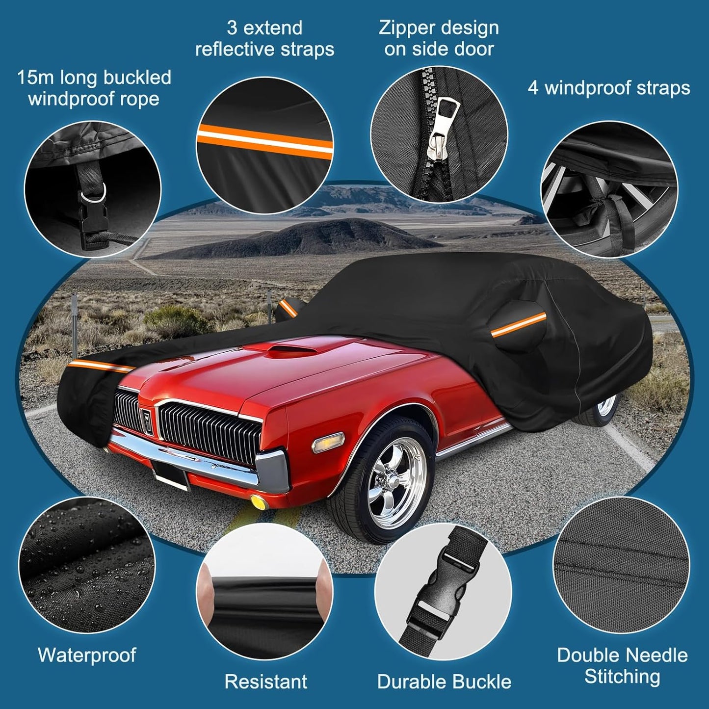 Car Cover for Mercury Cougar 1967-1973,1980-1997, Waterproof 210D Oxford Cloth and Cotton Cover Outdoor Car Cover with Zipper Windproof Heavy Duty All Weather