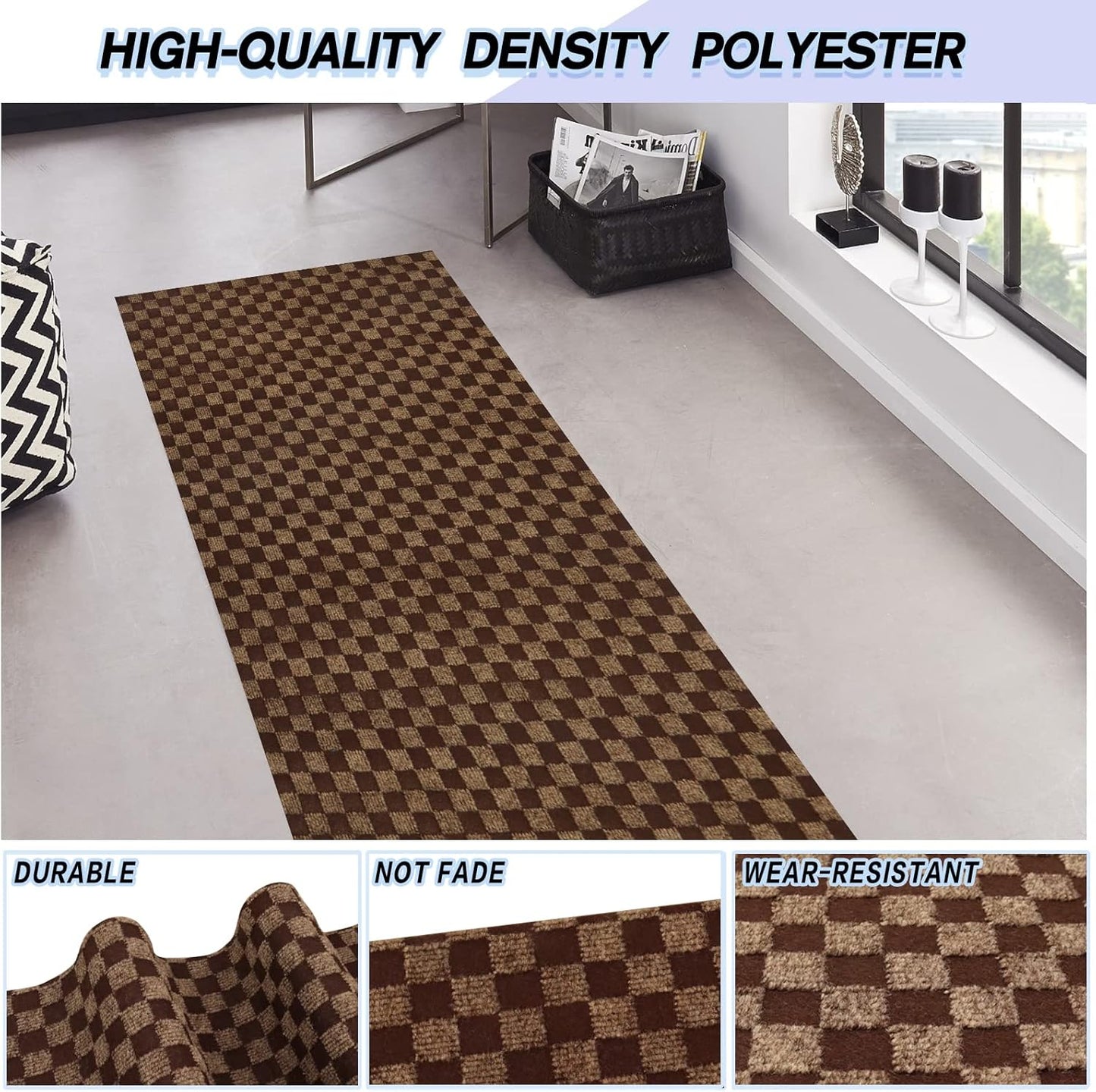 Custom Size Backed Non-Slip Area Rugs Runner, Easy Clean, Waterproof Runner Rugs for Hallway Entryway, Kitchen, Laundry, 2FT x 55FT, Brown Checkered
