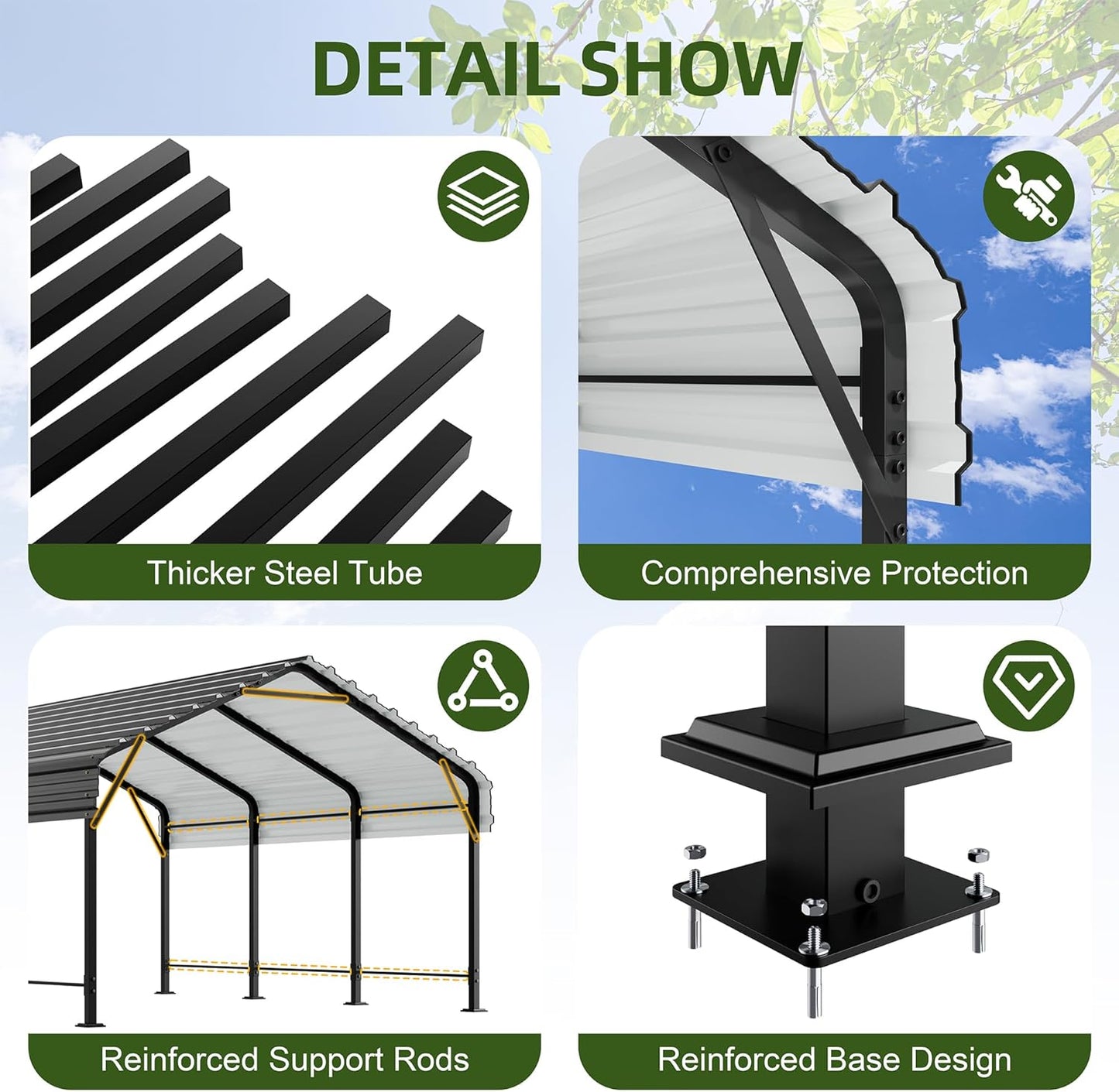 JAMFLY Carport, 12X20 FT Metal Carports, Heavy Duty Carport Canopy with Galvanized Steel Roof and Frame, Metal Car Garage Upgraded Extra Large Garage for Pickup, Boat, Car and Tractors