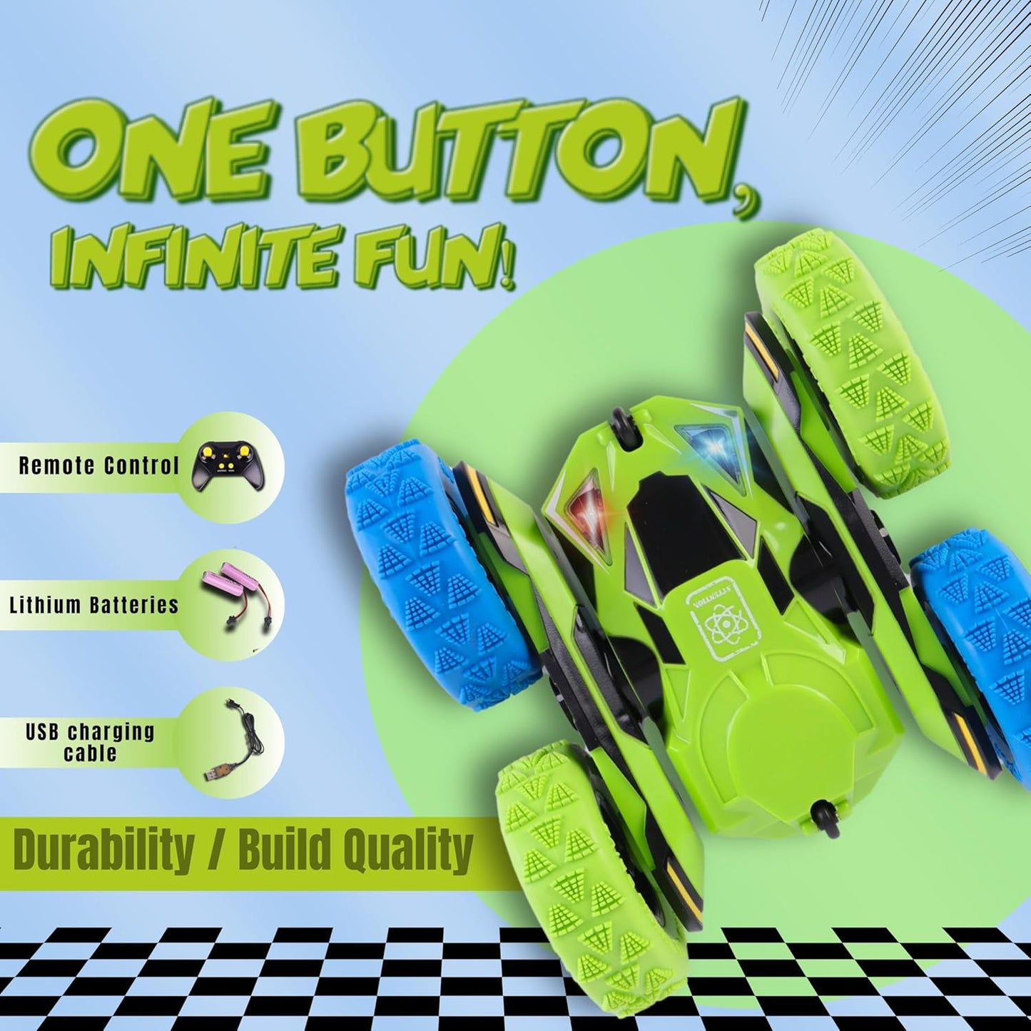 All-Round Drive Stunt RC Car - 360° Spins, High-Speed Off-Road with LED Headlights, 2 Rechargeable Batteries, AAA Remote Batteries, All-Terrain for Kids 6+ & Adults (Green & Blue)