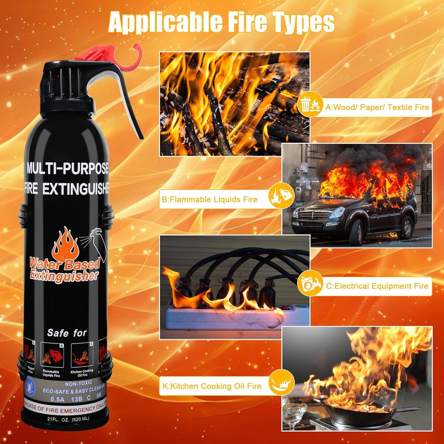 Fire Extinguisher for Home, 6 Pack Vehicle Fire Extinguishers with Mount, Portable Fire Extinguisher Effective on A, B, C, K Fires, Water-Based Extinguisher for Car Boat Office Truck Kitchen Garage RV