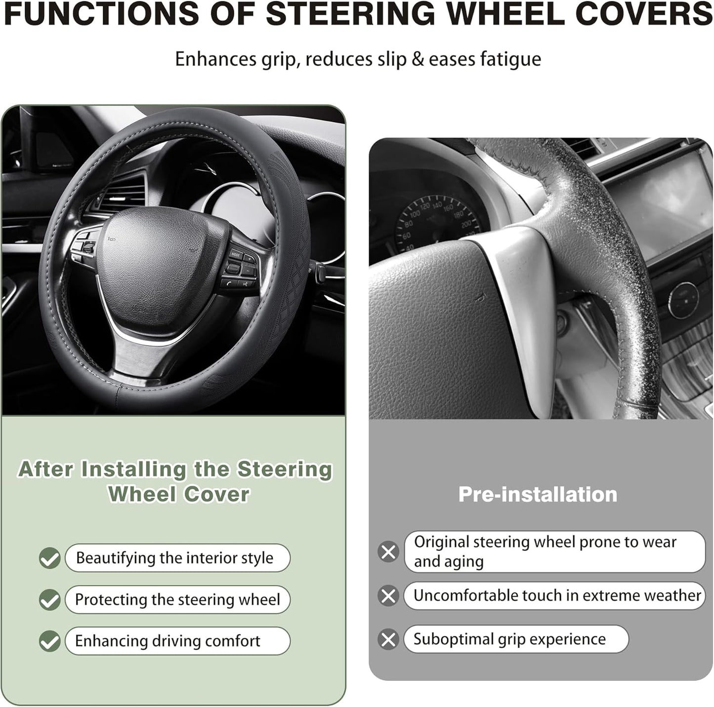 【2025 Model】 Breathable Soft Leather Car Steering Wheel Cover for Men Women, Non-Slip, Comfortable,Universal 15 inches Steering Wheels, Black