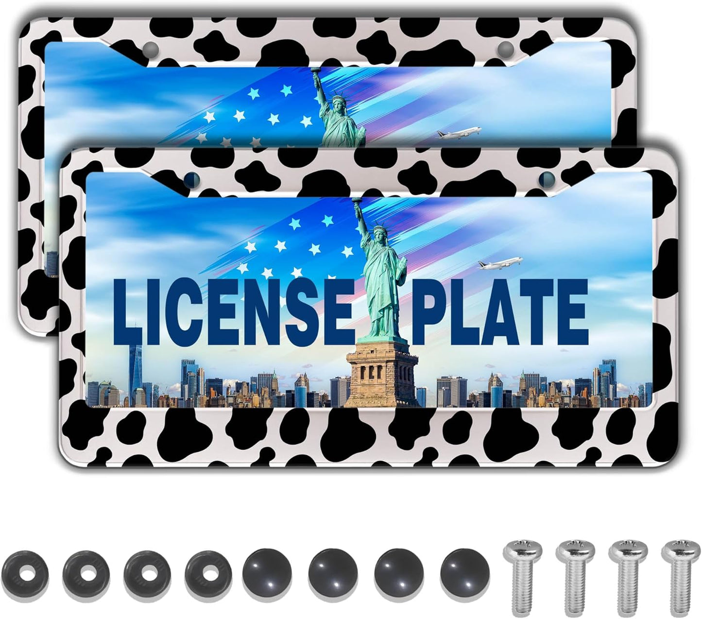 License Plate Frames Black and White License Plate Frame Animal Cow Print White Black Spot Design Universal Aluminum Car Accessory 2 Pack with Screw Covers Set
