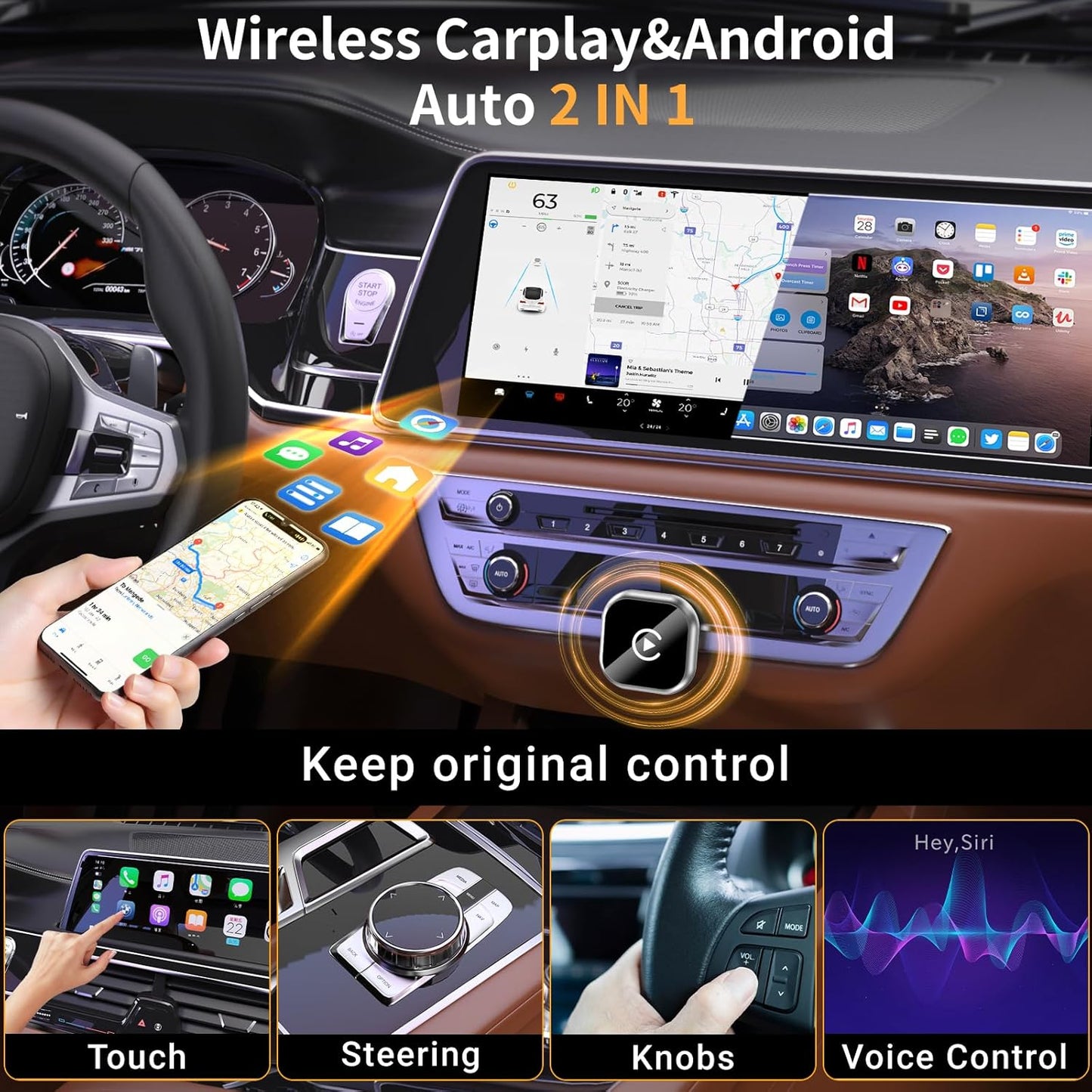 Wireless CarPlay and Android Auto Adapter, Mini Size Car Play Adapter, Plug and Play, Fast Connection for iPhone and Android