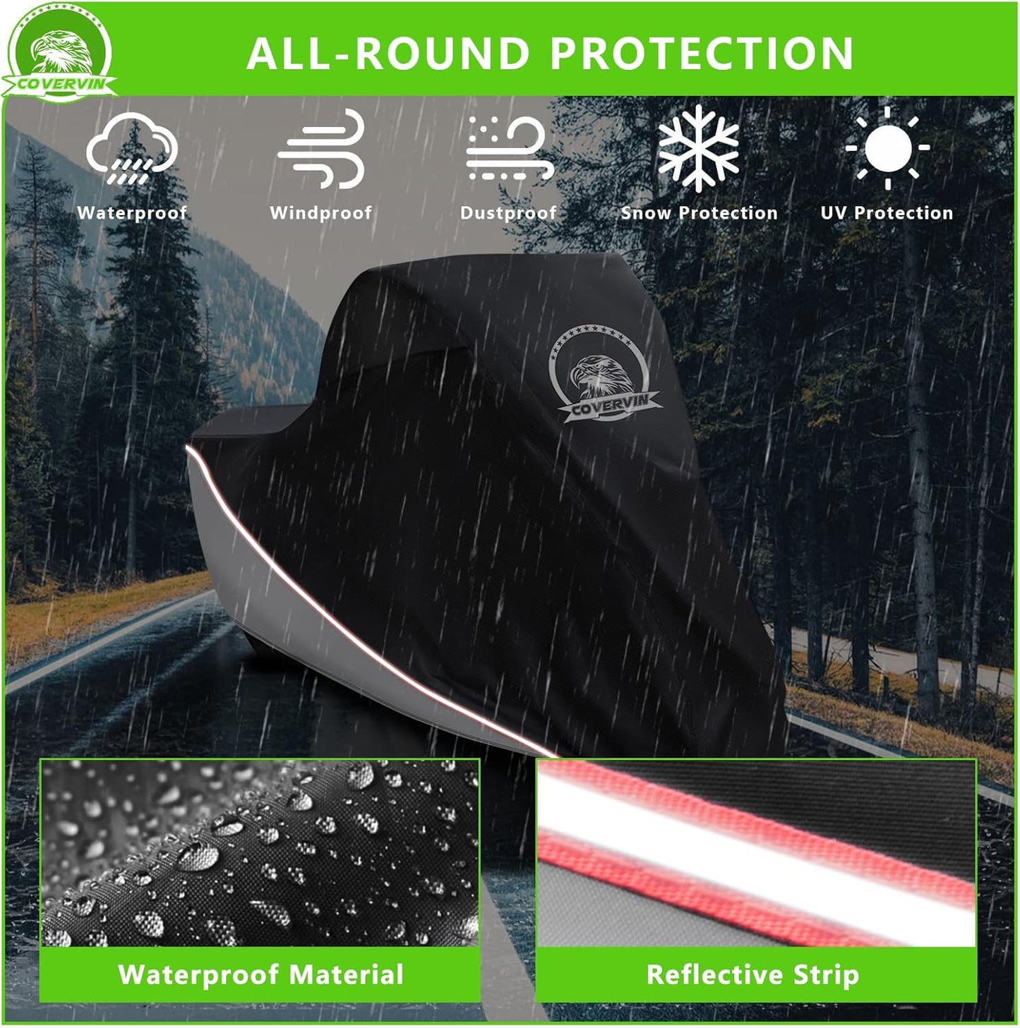 COVERVIN Motorcycle Cover, All Weather Outdoor Waterproof Night Protection with Reflective Strips, Locking Holes and Storage Bag for 91 Inch Suzuki, Kawasaki, Honda, Harley-Davidson(Silver L)
