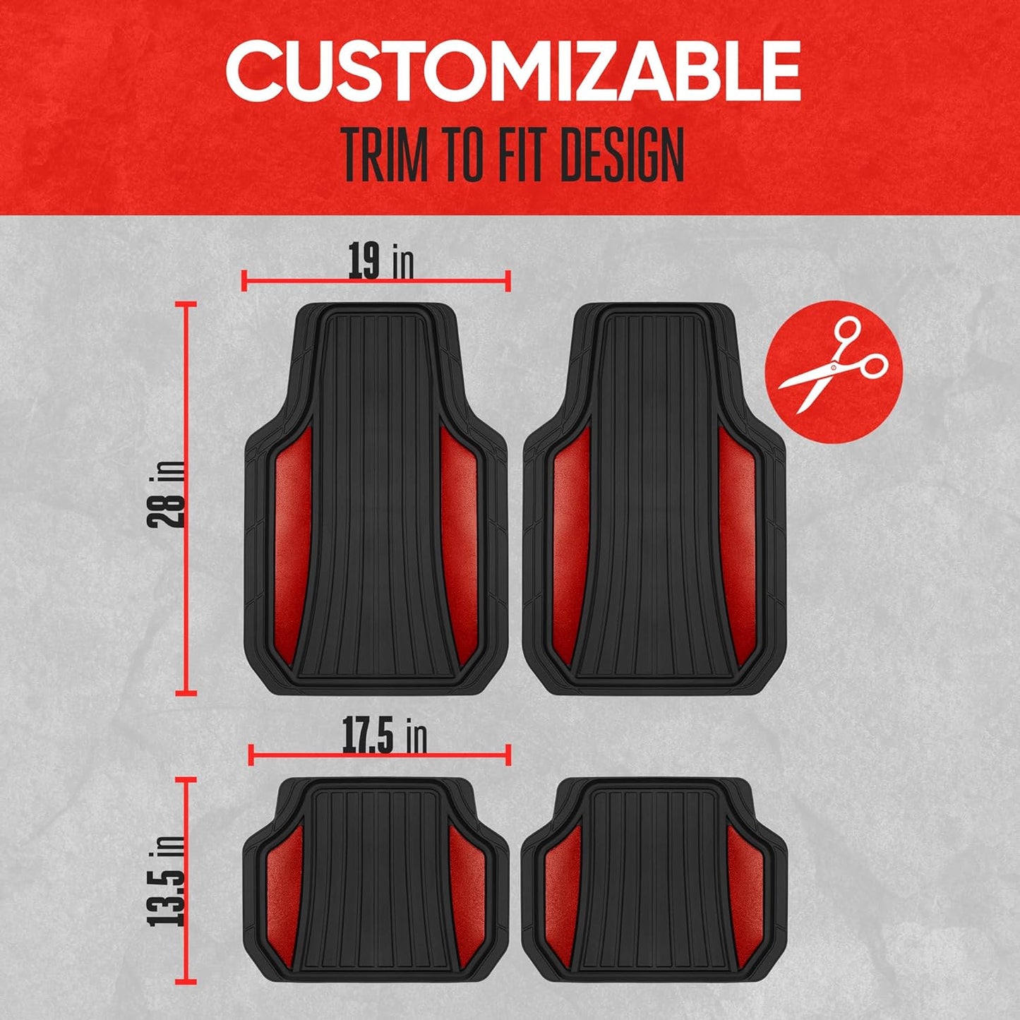 Motor Trend ChromeTech Car Floor Mats Full Set - Durable Rubber Floor Mats for Cars with Two Tone Accent, All Weather Interior Protection for Front and Rear with Non-Slip Backing, Red Chrome