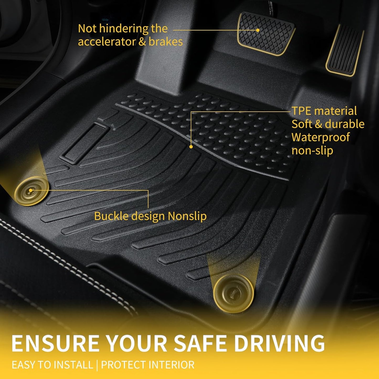 GINOWY- Floor Mats for Chevy Tahoe 2007-2014 (Not for Hybrid), for GMC Yukon, TPE All Weather Tahoe Floor Mats, Non-Slip Waterproof Easy to Clean Tahoe Floor Liners Accessories Black