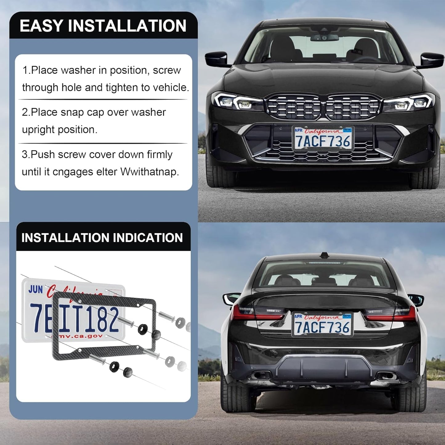 LivTee Carbon Fiber License Plate Frames, 2PCS Car License Plate Holder, 4 Holes Stainless Steel License Plate Covers, Automotive Exterior Accessories, Slim Design with Gasket Cover for US Cars