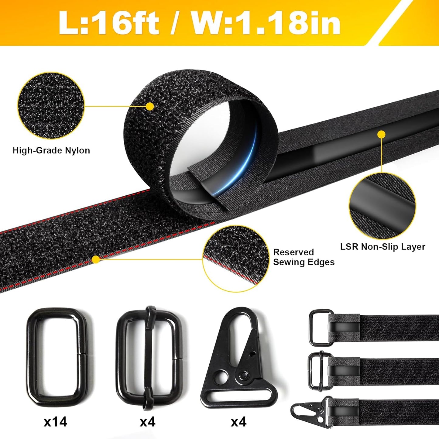 1.18" x 16' Heavy-Duty Fastening & Super Anti-Slip Cinch Straps with 22 Buckles, Black Nylon Hook and Loop, Reusable for Organization & Storage