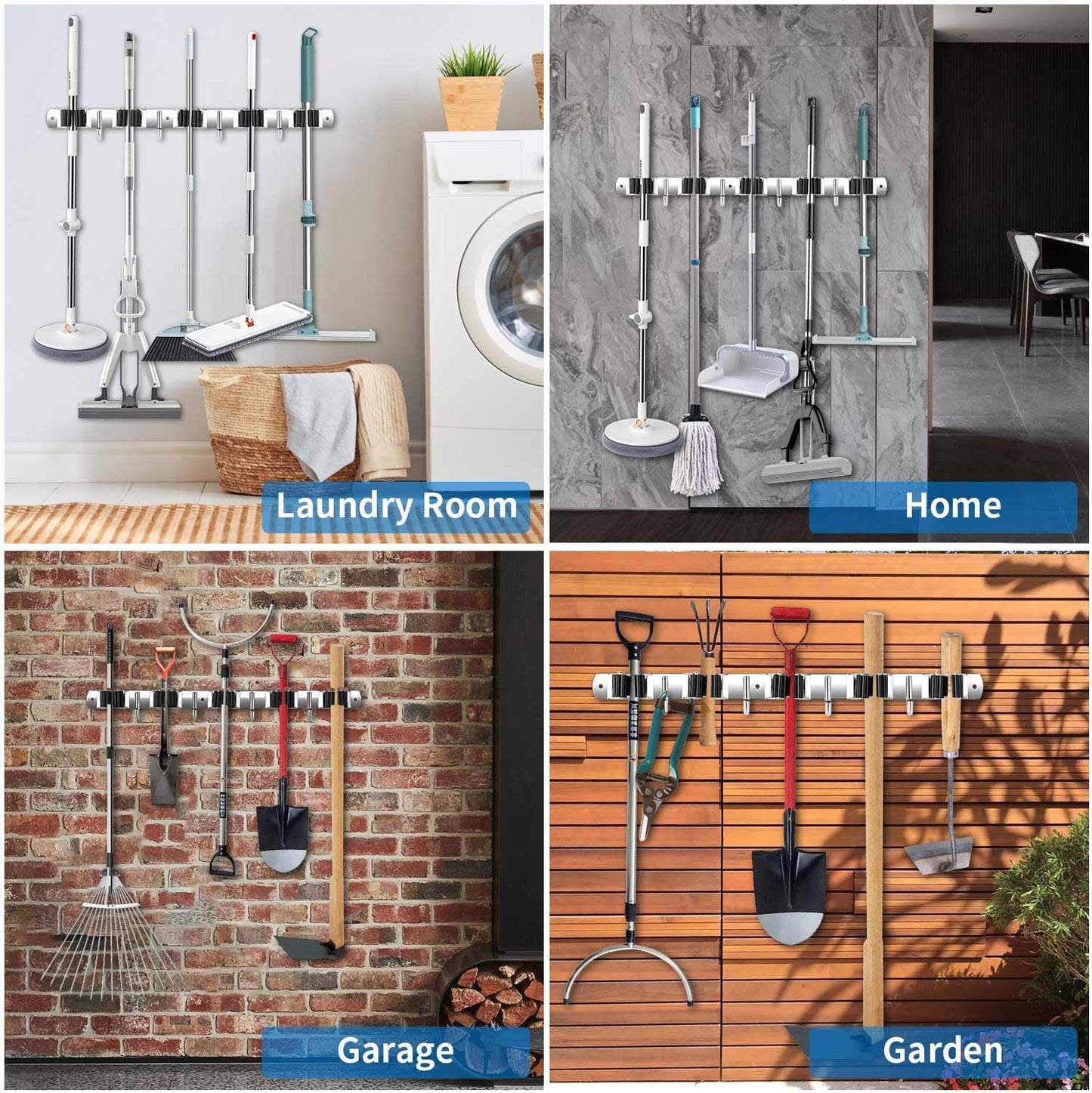 Broom Holder Wall Mount, Stainless Steel Broom Hanger Wall Mount, Heavy Duty Mop and Broom Holder Tool Racks Utility Hooks for Laundry Room Garden Garage, Black (5 Racks and 4 Hooks)