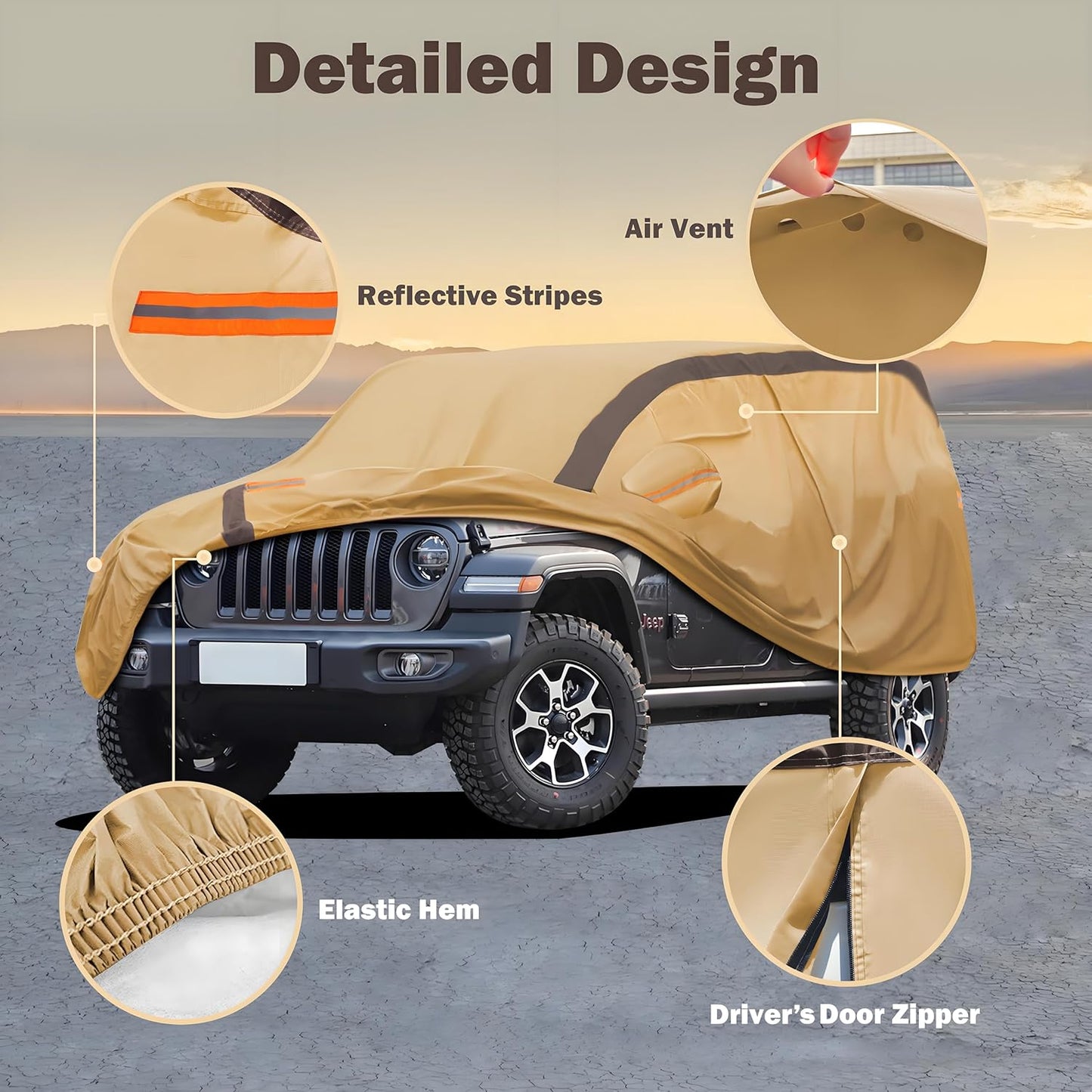 Heavy Duty Waterproof Car Cover Compatible with Jeep Wrangler 4 Doors 2006-2024 JK JL, Outdoor Anti-UV Sun Rain Protection Full Exterior Cover (Camel with Brown)