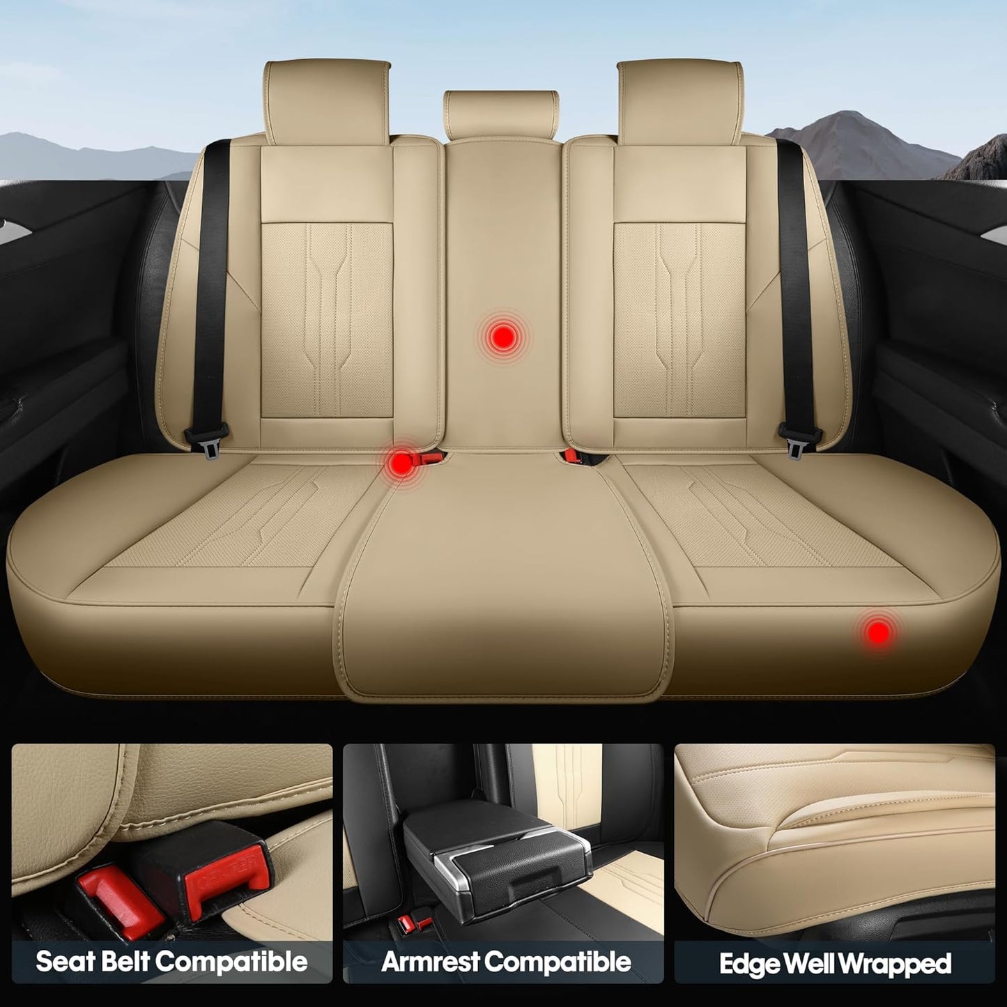 AOOG Car Seat Covers Full Set, Leather Seat Covers for Car, Waterproof Car Seat Protector with Lumbar Support, Automotive Seat Covers Universal Fit for Most Cars SUV Trucks (Full Set, Beige)