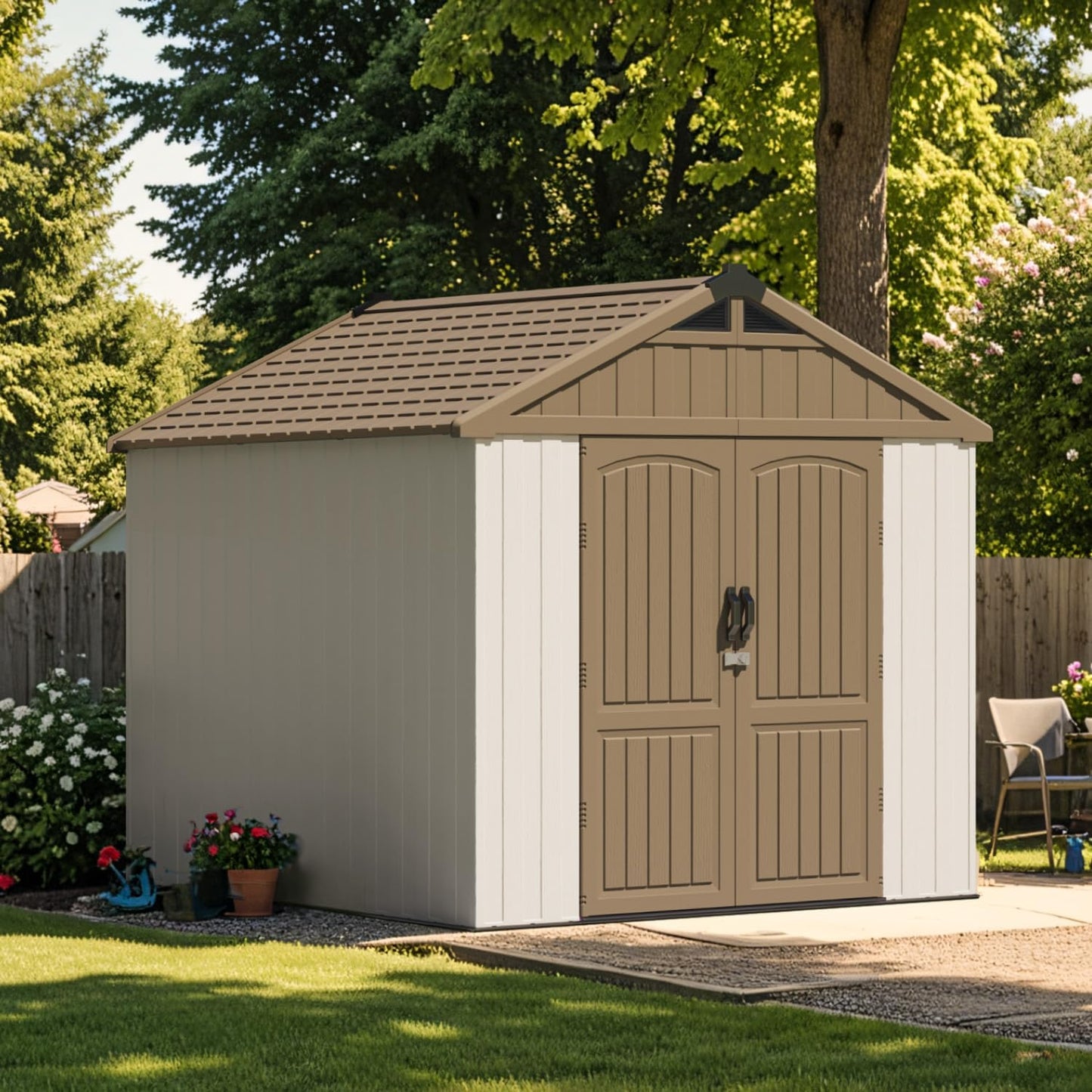 Patiowell 8 x 8 FT Plastic Outdoor Storage Shed with Floor, Resin Shed with Window and Lockable Door for Garden, Backyard, Tool Storage Use, Easy to Install in Brown (Kick-it Shed)