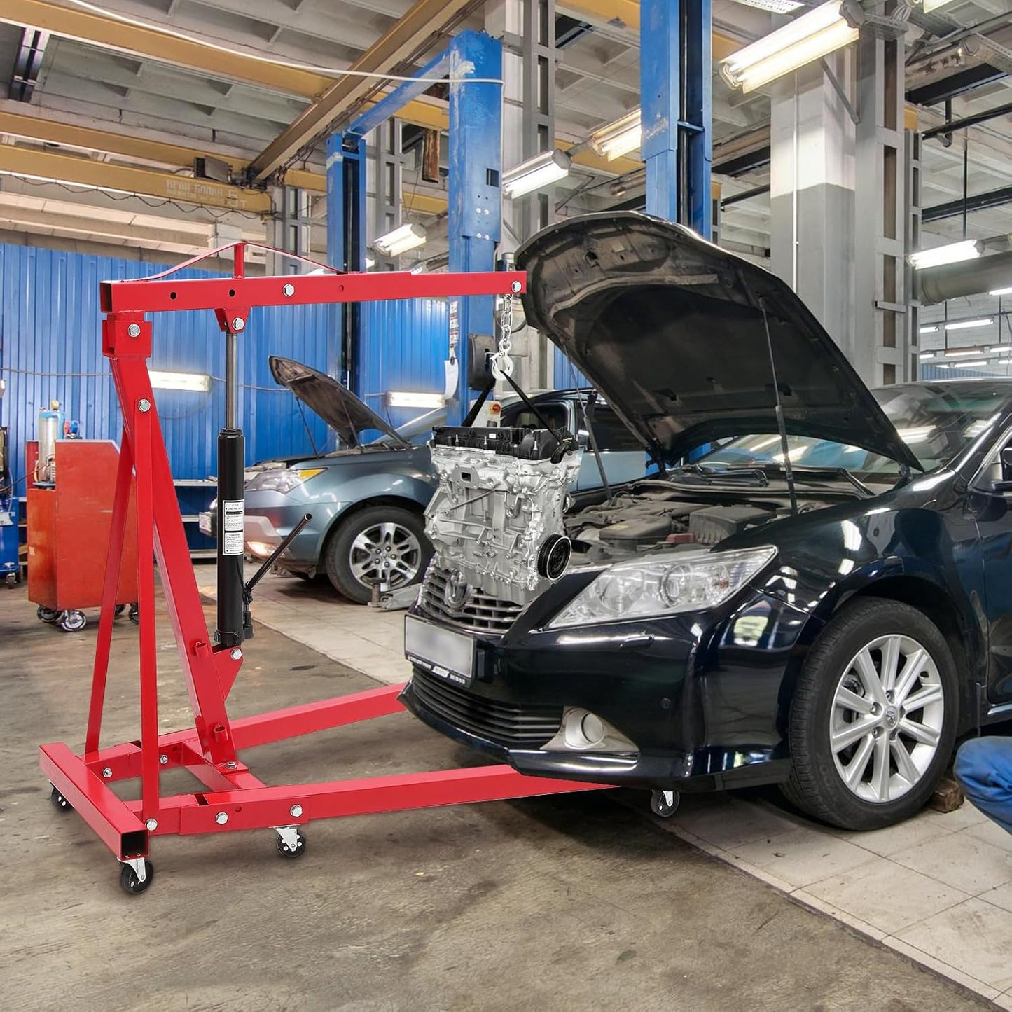 Engine Hoist 2 Ton,Cherry Picker Engine Hoist,Folding Hydraulic Tilting Engine Lift with 360 Degree Swivel Wheels for Ports, Warehouses, Garage, Factory