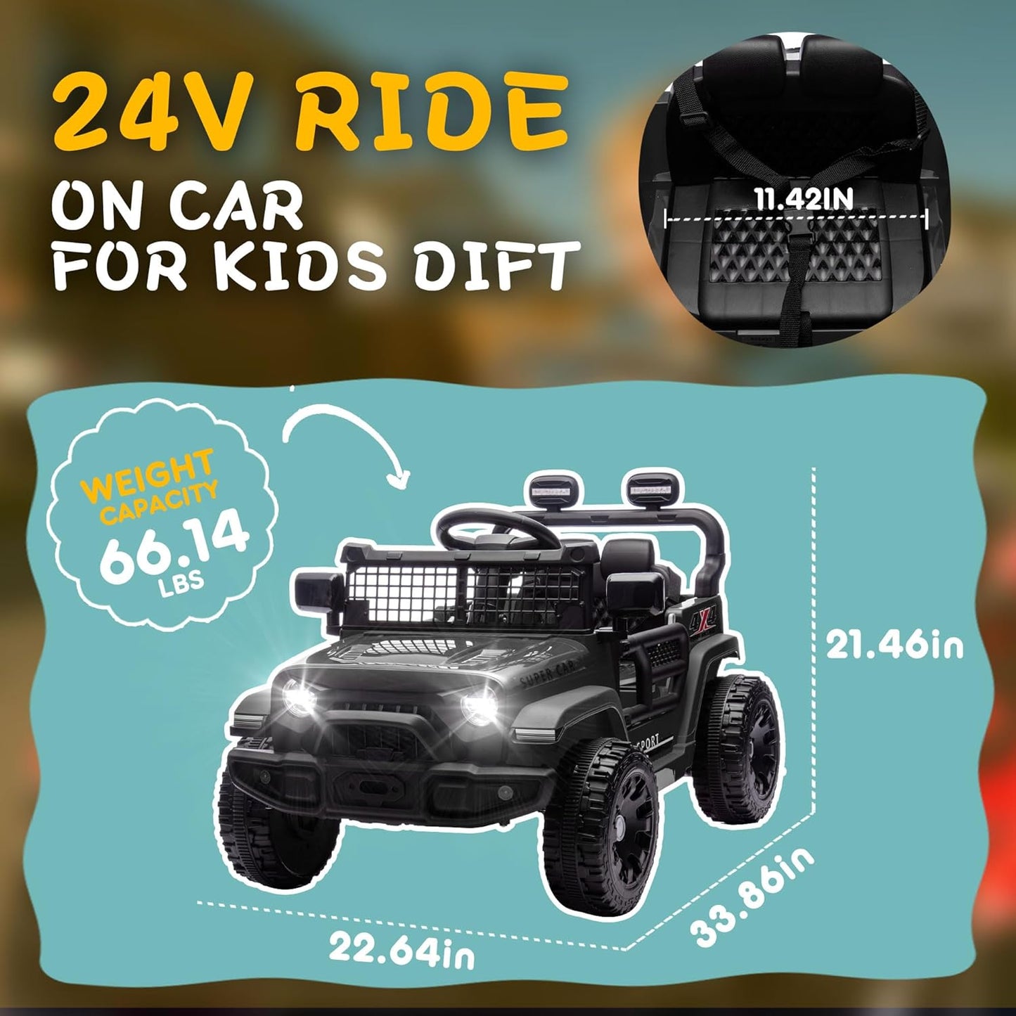 24V Ride on Toys with Parents Control, Ride on Truck Car with Four-Wheel Suspension, Electric Vehicles for Kids, Power Display, Bluetooth, MP3, Music, LED Headlight, 1.86-3.11MPH (Black)