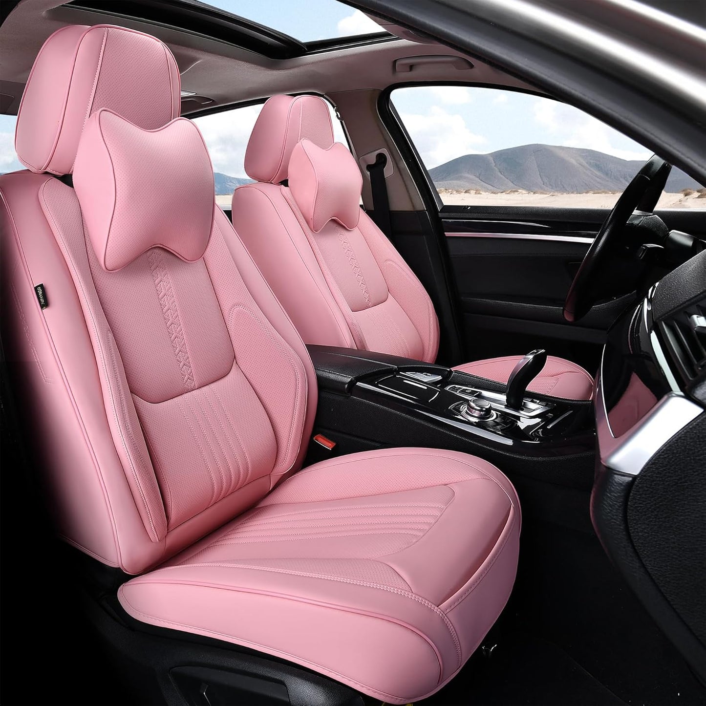 Front Seat Covers, 2 Pieces Universal Seat Covers for Cars, Waterproof Leather Auto Seat Protectors with Head Pillow, Car Seat Cushions Fit for Most Sedans SUV Pick-up Truck, Pink