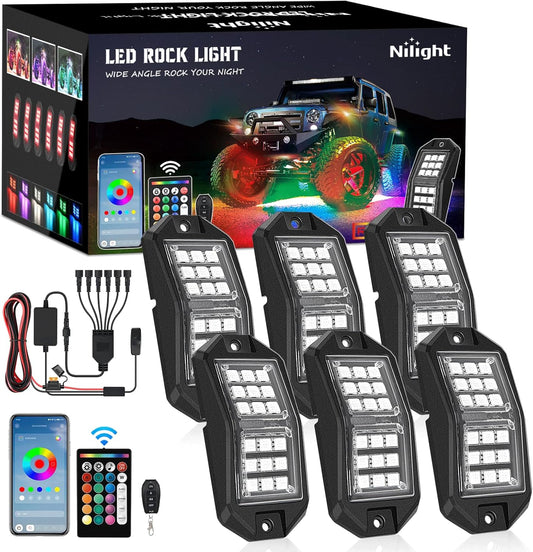 Nilight RGB LED Rock Lights Kit 6 PCS 18LED Wide Angle Wheel Well Light with Remote & Bluetooth App Dual Control Multi Modes Underglow Multicolor Neon Pod for ATV UTV SUV Offroad Truck RZR Boat