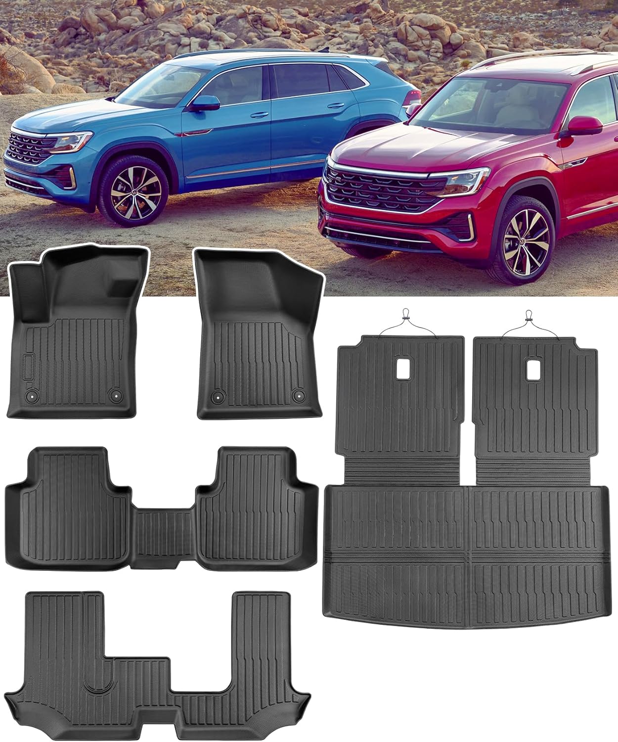 Floor Mats for Volkswagen VW Atlas 2018-2025 7 Seats, All Weather Car Mats Full Set(Back Seat Cover Trunk Mat Cargo Liner) for VW Altas Accessories 2018-2025, Custom Rubber Mats for Cars, Black