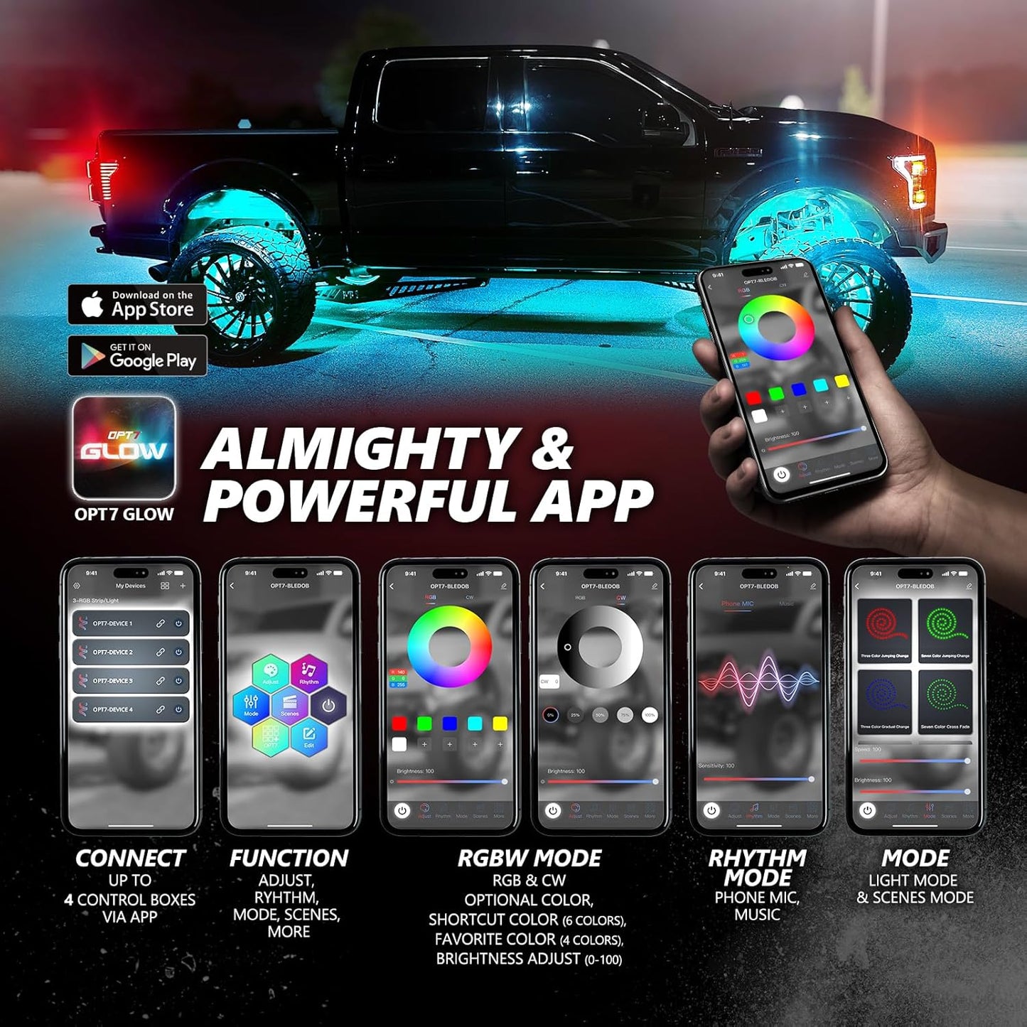 OPT7 Quantum Pro RGBW LED Rock Lights with Bluetooth APP and Remote Control, 4 Pods Wide Angle Multicolor Neon Underglow Lighting Kit with Extension Wire, IP68 Waterproof for Offroad Truck ATV UTV SUV