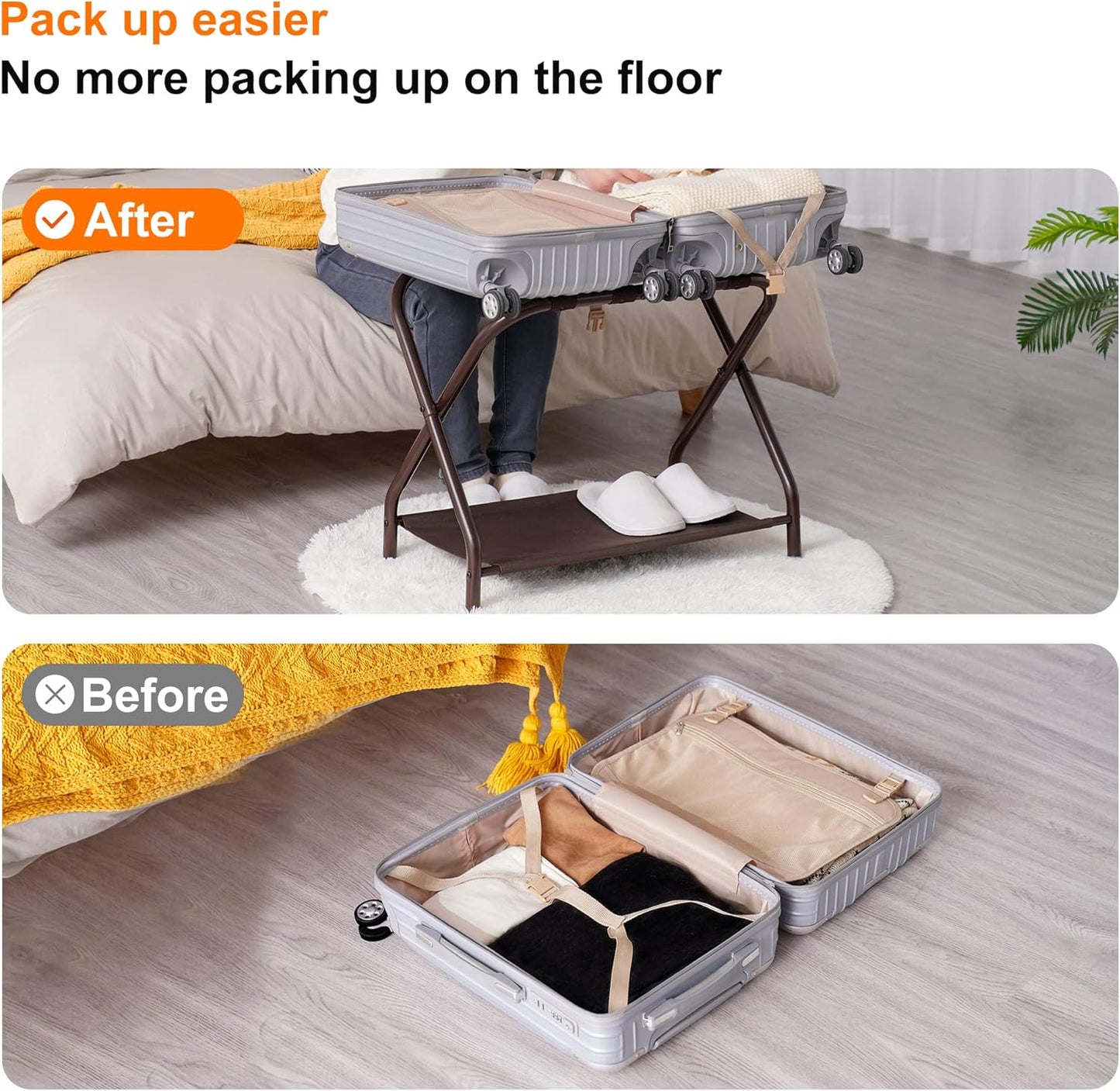 Heybly Luggage Rack, Pack of 2, Steel Folding Suitcase Stand with Storage Shelf for Bedroom, Hotel, Foldable Steel Frame, Guest Room Bedroom Hotel, 26.2" L x 14.4" W x 20.5" H, Brown HLR004Z2