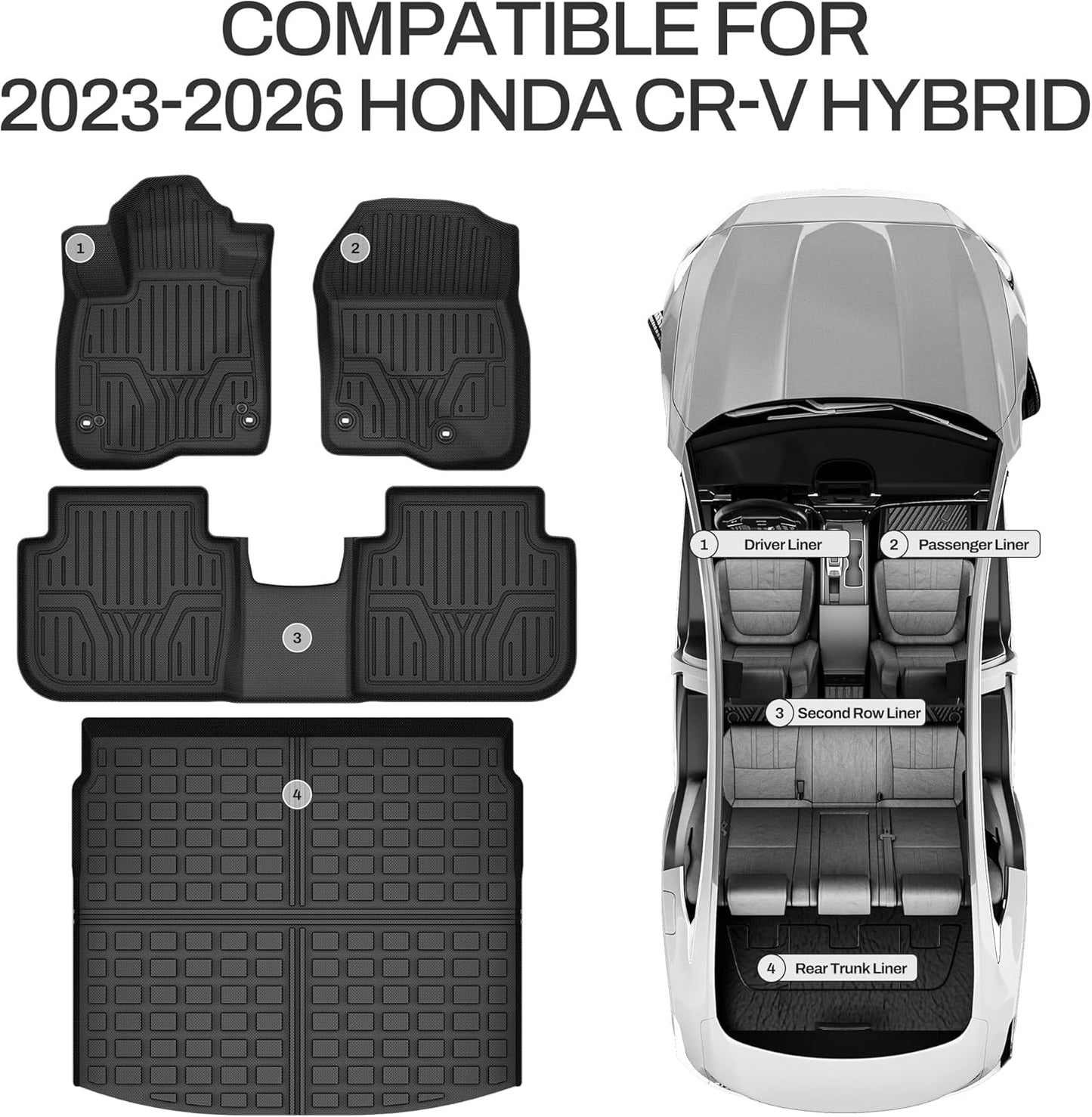 Floor Mats & Cargo Liner Fit for Honda CR-V Hybrid 2026 2025 2024 2023, TPE All Weather Custom Fit for Honda CRV Hybrid Floor Liners and Trunk Mat, 1st & 2nd Row Cargo Mat Car Mats Set Accessories