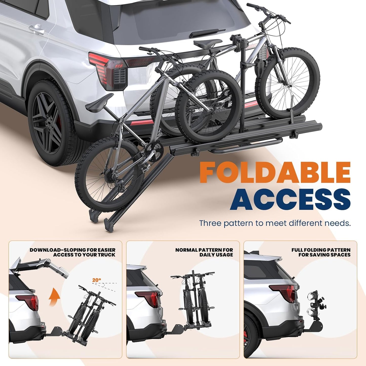 Aluminum 2 EBikes Foldable 2'' Hitch Mounted Carrier Racks w/Ramps Over 200lbs Capacity for 3.35 inch Fat Tire Heavy Duty Universal E-Bike Racks for SUVs Cars Trucks RV 2-Inch Receiver