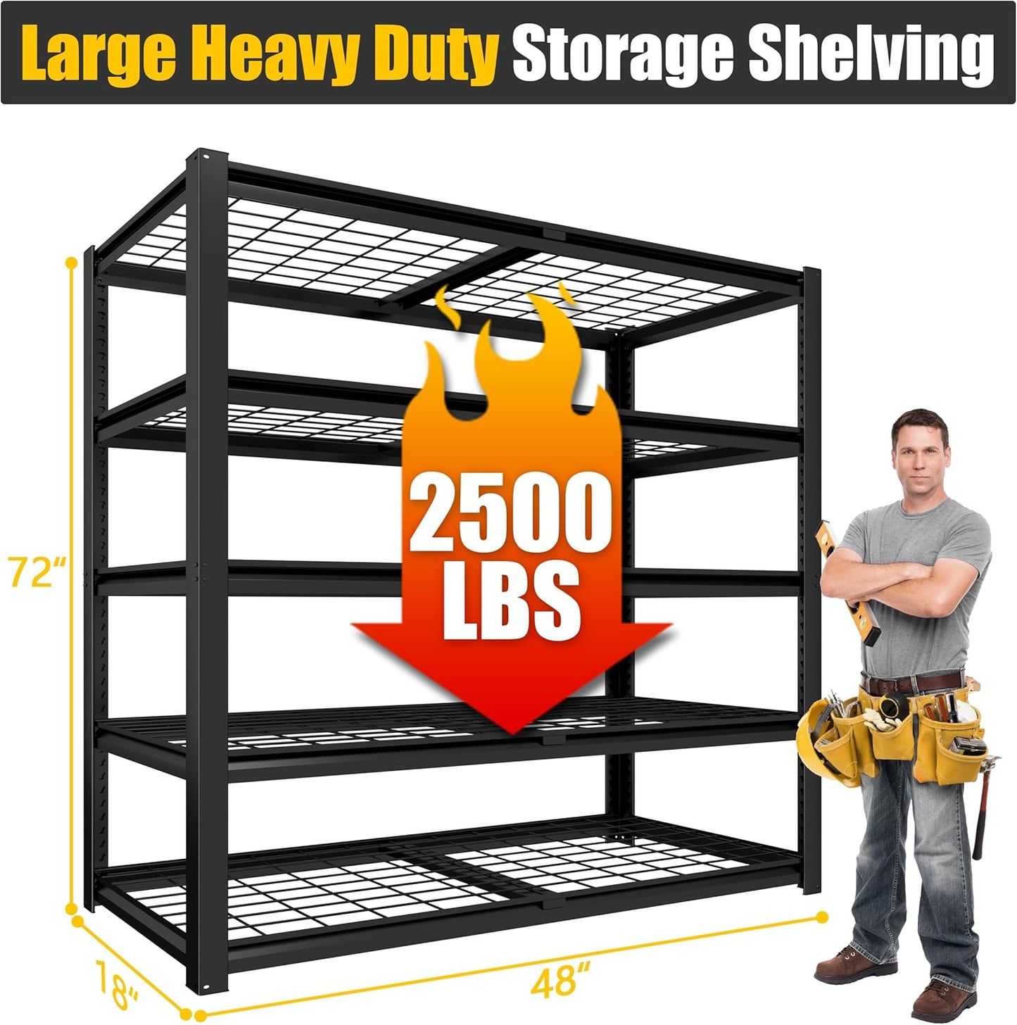 PrimeZone Heavy Duty Storage Shelves - 48" W X 18" D X 72" H Adjustable Garage Wire Shelving Unit, 5 Tier Industrial Metal Shelf Standing Utility Rack for Warehouse, Pantry, Basement, Black