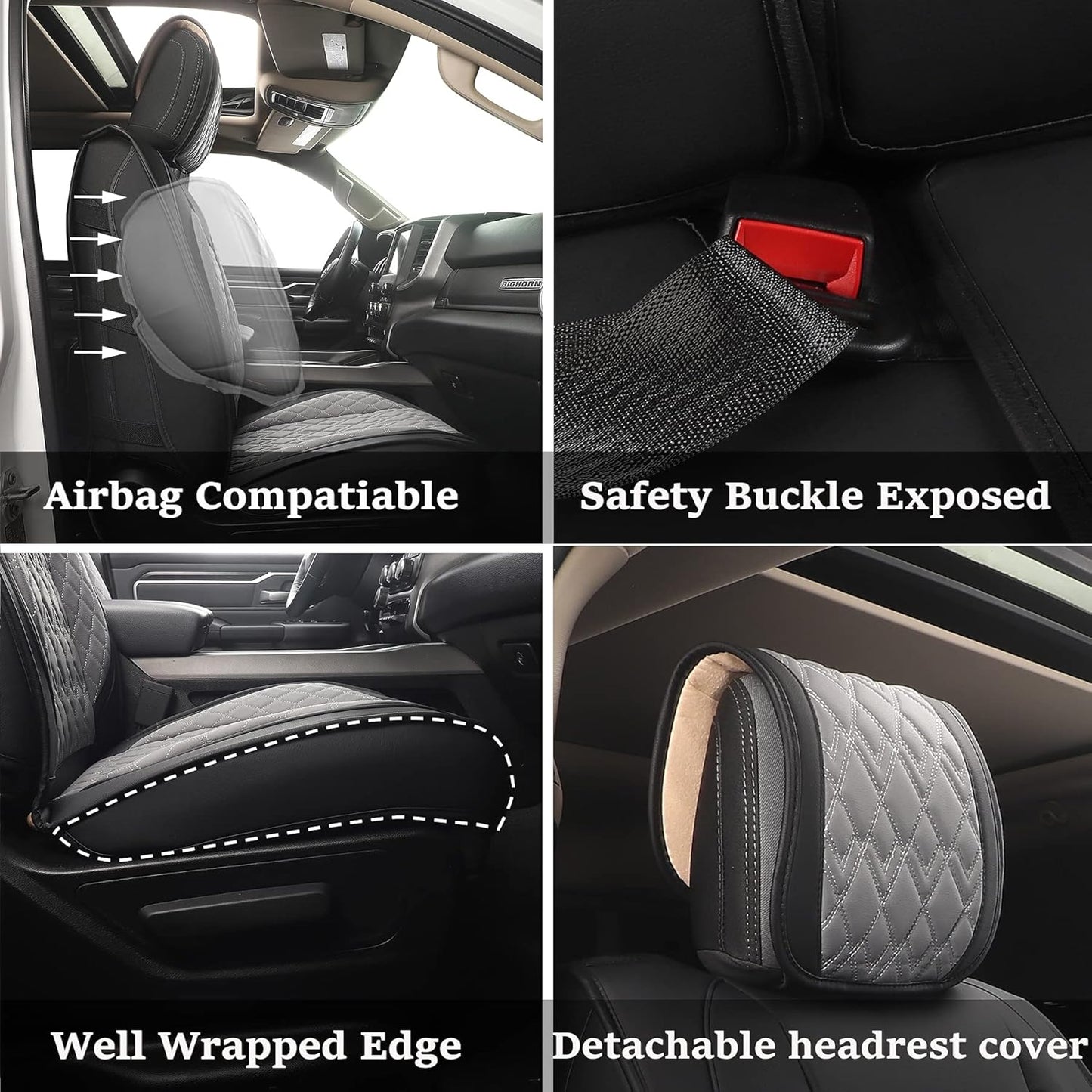 JOJOBAY Car Seat Covers for Dodge Ram 2 Pcs Front,Fit Ram 2009-2025 1500/2500/3500 Pick-up Truck,Crew,Regular,Quad,Mega Cab,Waterproof Leather Seat Covers Protectors（2 PCS Front,Black-Grey）