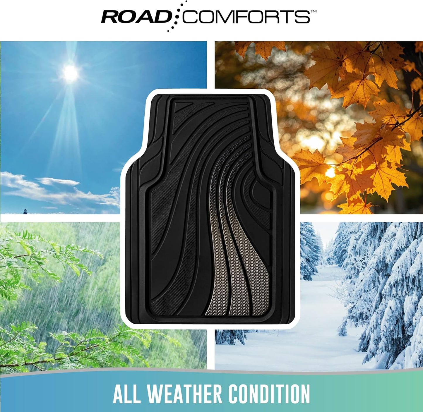 Road Comforts Car Floor Mats Full Set – Front & Rear Car Floor Mats with Aluminum Design, Anti-Slip Backing, All-Weather Protection, Trim-to-Fit Car Mats for Most Sedans, SUVs & Vans - Grey