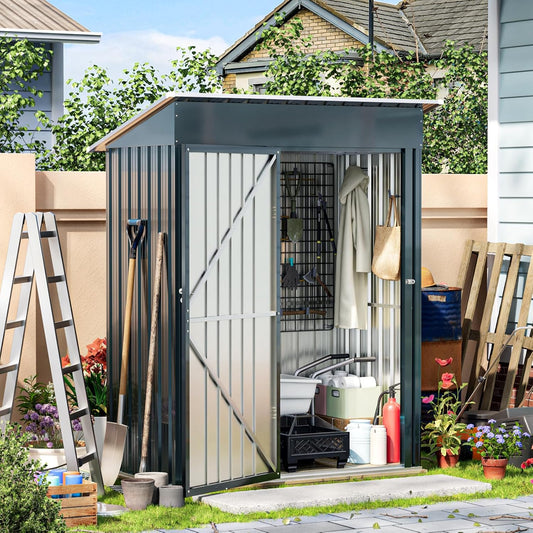 5X3X6.1FT Outdoor Steel Storage Shed with Frame Floor and Lockable Doors, Ideal for Garden, Backyard, Patio Storage