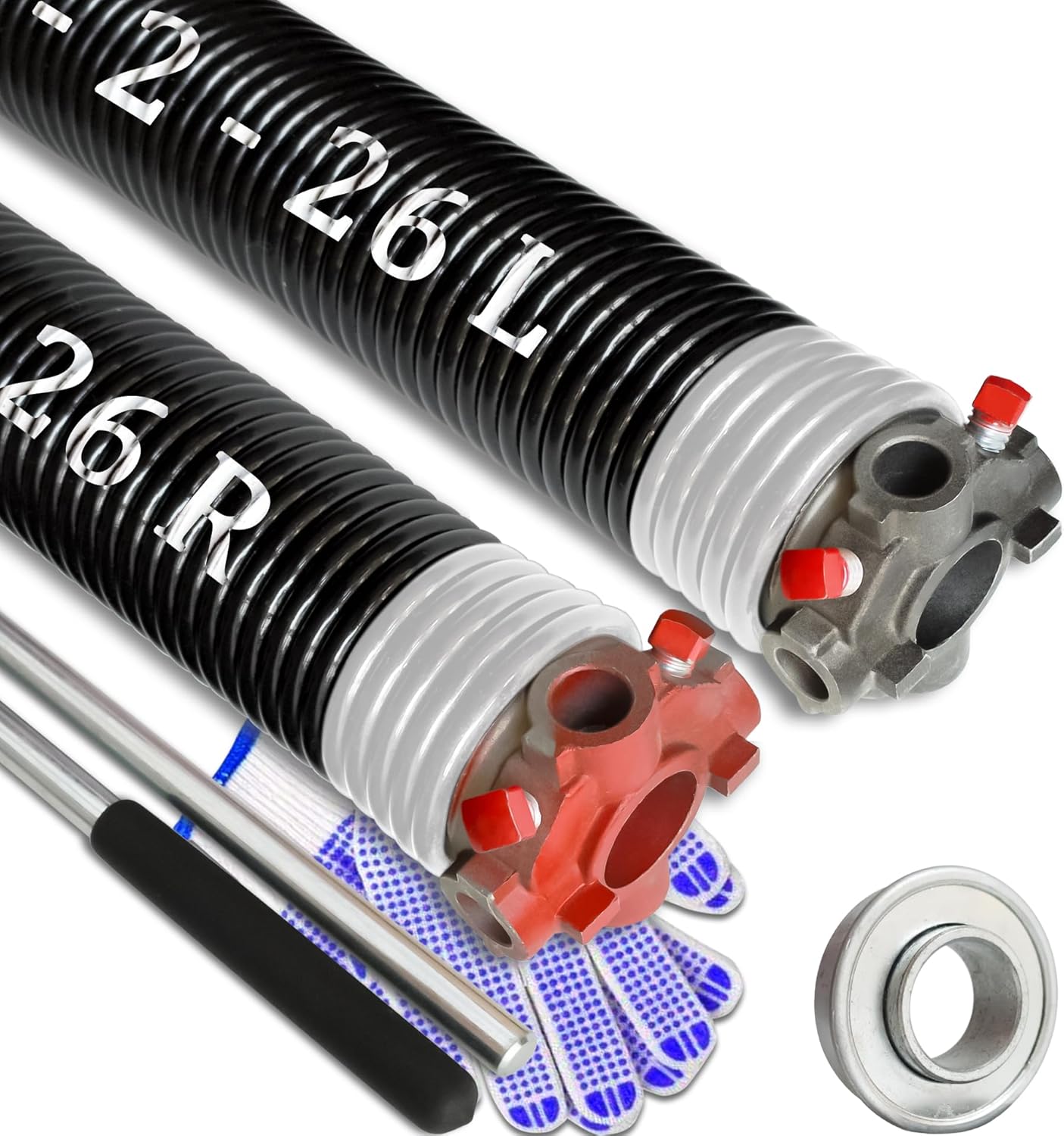 Garage Door Torsion Spring Set, Pair of 2" Electrophoresis Coated Garage Door Spring Replacement with 2 Non-Slip Winding Bars and Bearing, Minimum 16000 Cycles (.218x2x26")