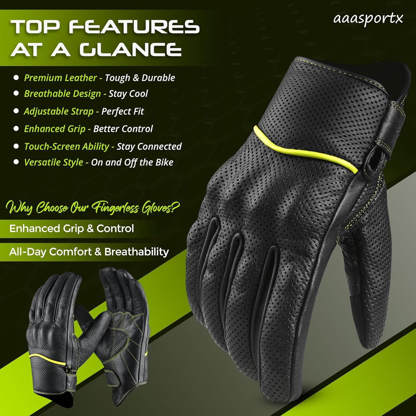 aasportx Motorcycle Gloves - Men's Leather Motorbike Gloves with Touchscreen Function - Non-Slip Pads for Men & Women