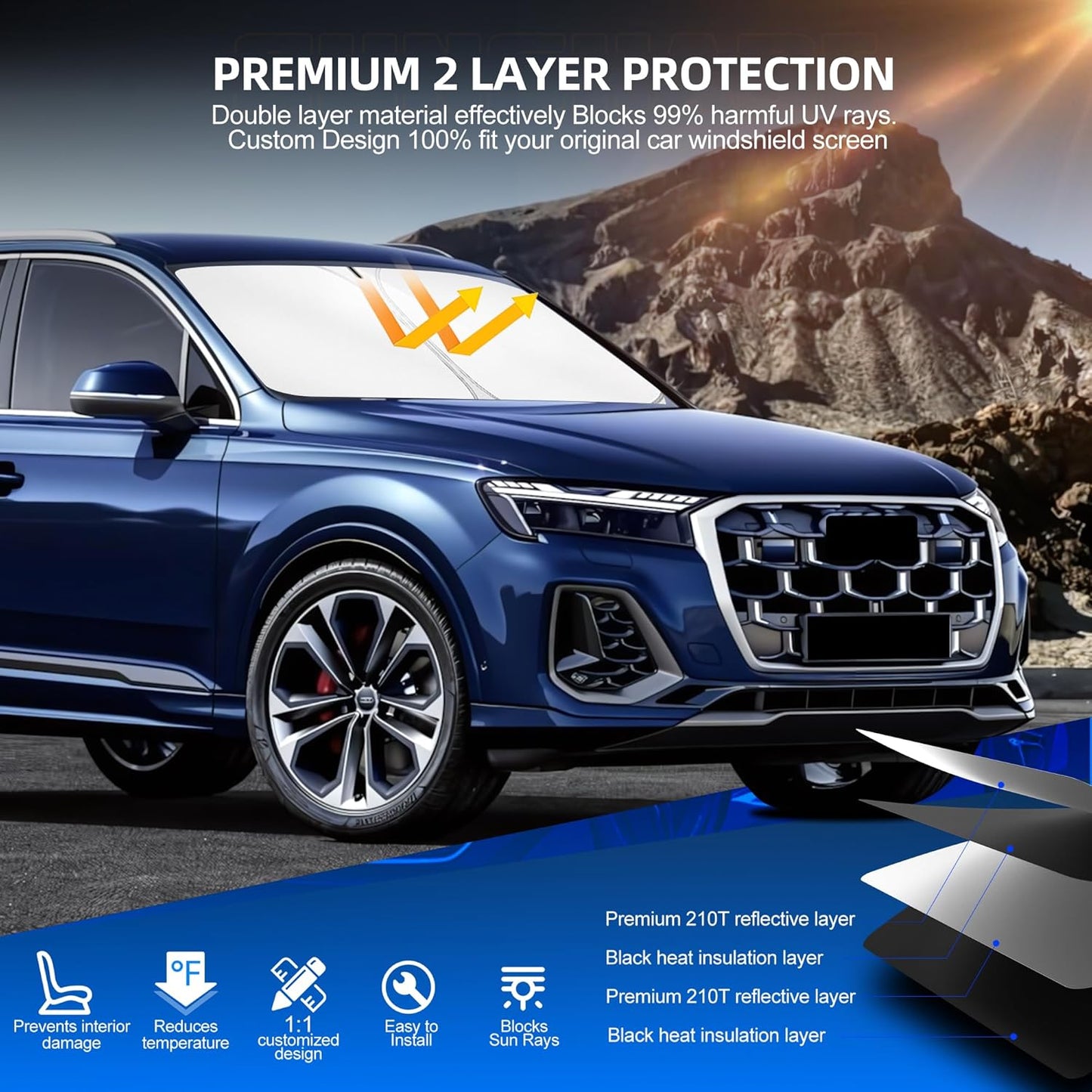 Windshield Sun Shade for Audi Q7 2016-2025 Foldable Sunshade Custom Fit Front Window Car Interior Accessories Protector Blocks UV Rays