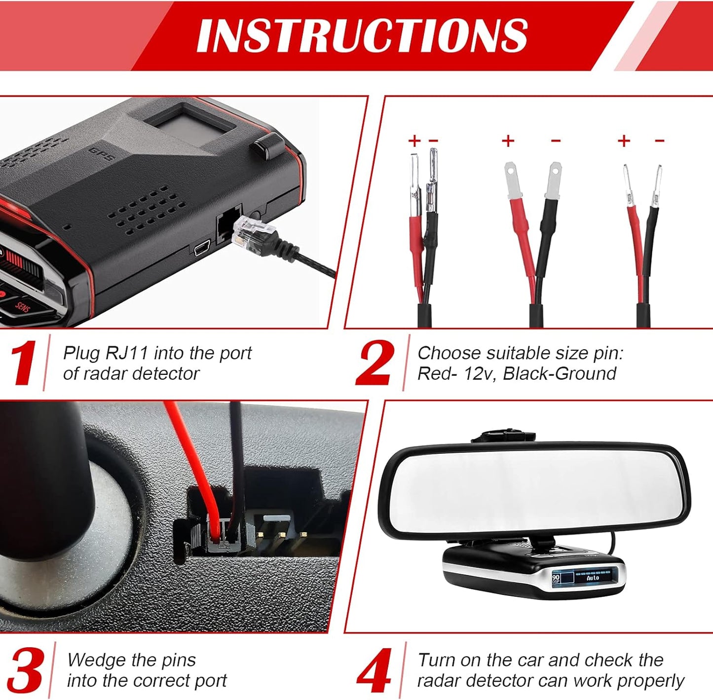 14" Upgraded Mirror Plug Wire Tap Radar Detector Hardwire Power Cord Kit for Escort Valentine One Uniden Beltronics, Mount RJ11 with Braided Set of 3