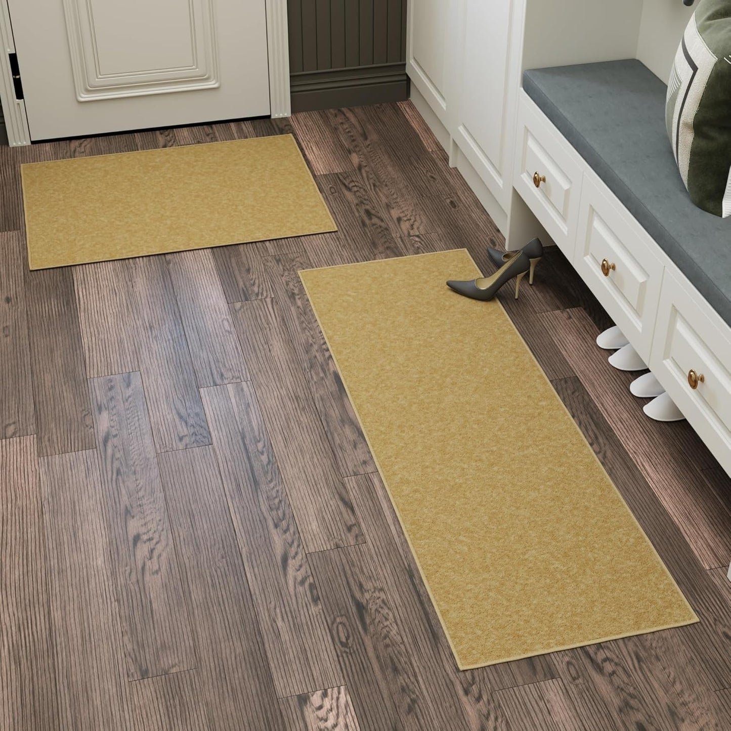 Ottomanson 2-Piece Kitchen Rug Set - Non Slip, Runner & Small Area Rug - Solid - 20" x 59" & 2'3" x 3' - Durable, Stain Resistant for Entryway, Bedroom and Bathroom, Beige