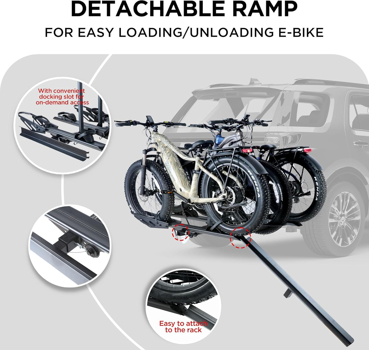 Rockland Foldable 3-Ebike Rack with Ramp, 250 lbs Capacity, Hitch Mount Electric Bike Rack, Fits up to 5" Fat Tire Width and 50" Wheelbase, Ebike Carrier Rack for 2" Receiver for Cars SUVs Vans RVs