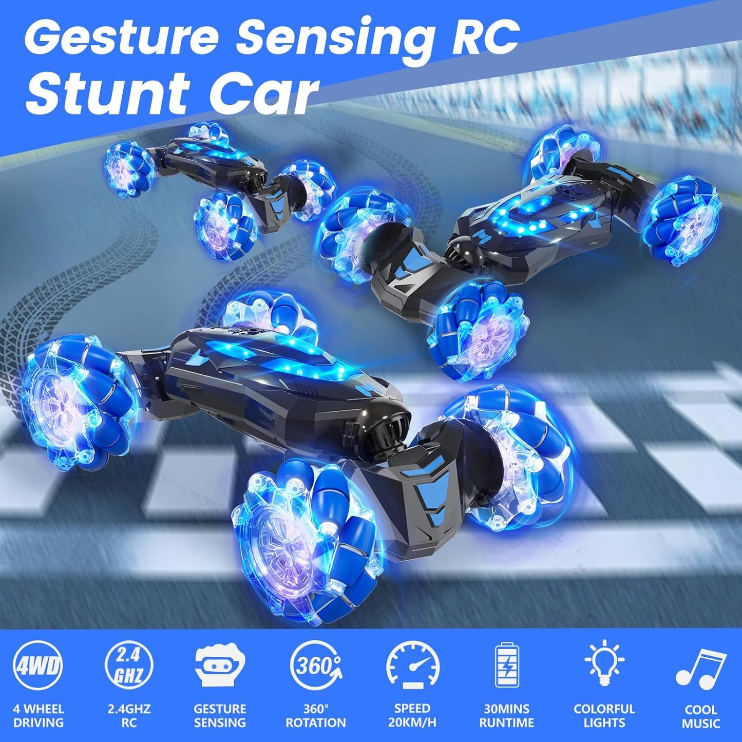 Gesture Sensing RC Stunt Car,4WD Drift Hand Controlled 360° Flips Trick Car with Lights & Music, Toys car is Cool Birthday Gift for Kids Ages 7-12