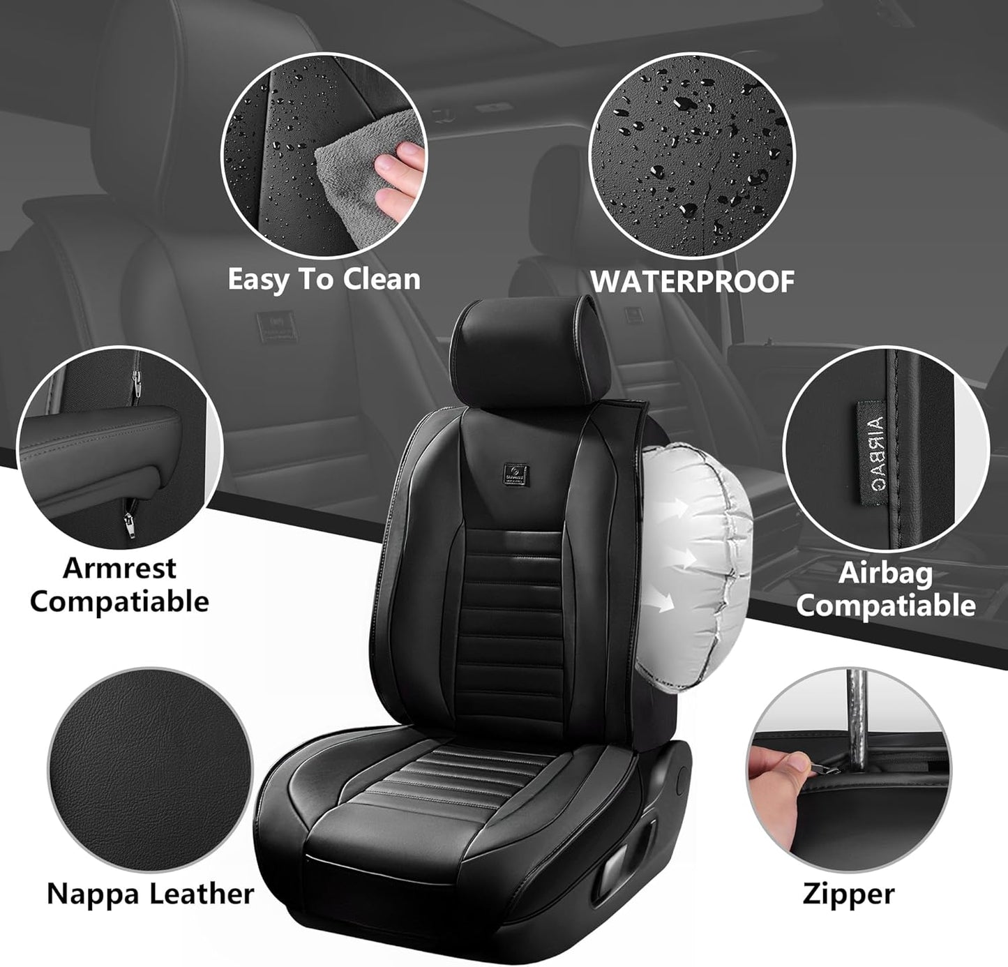 CAR PASS Nappa Leather Car Seat Covers Full Set, Luxury Seat Protector for Cars, Waterproof Anti-Slip Car Seat Cushion Armrest Compatible Airbag Universal for Sedan SUV Pick-up Truck Automotive, Black