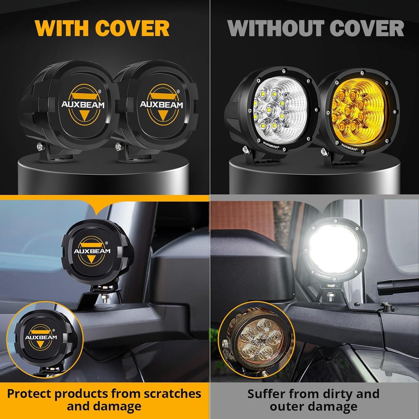 Auxbeam 4 inch LED Pod Covers, 2PCS Black Round Offroad Driving Work Lights PC Protective Covers, Light Bar Lens Covers Waterproof Dustproof for Truck SUV ATV UTV Jeep Wrangler Motorcycle