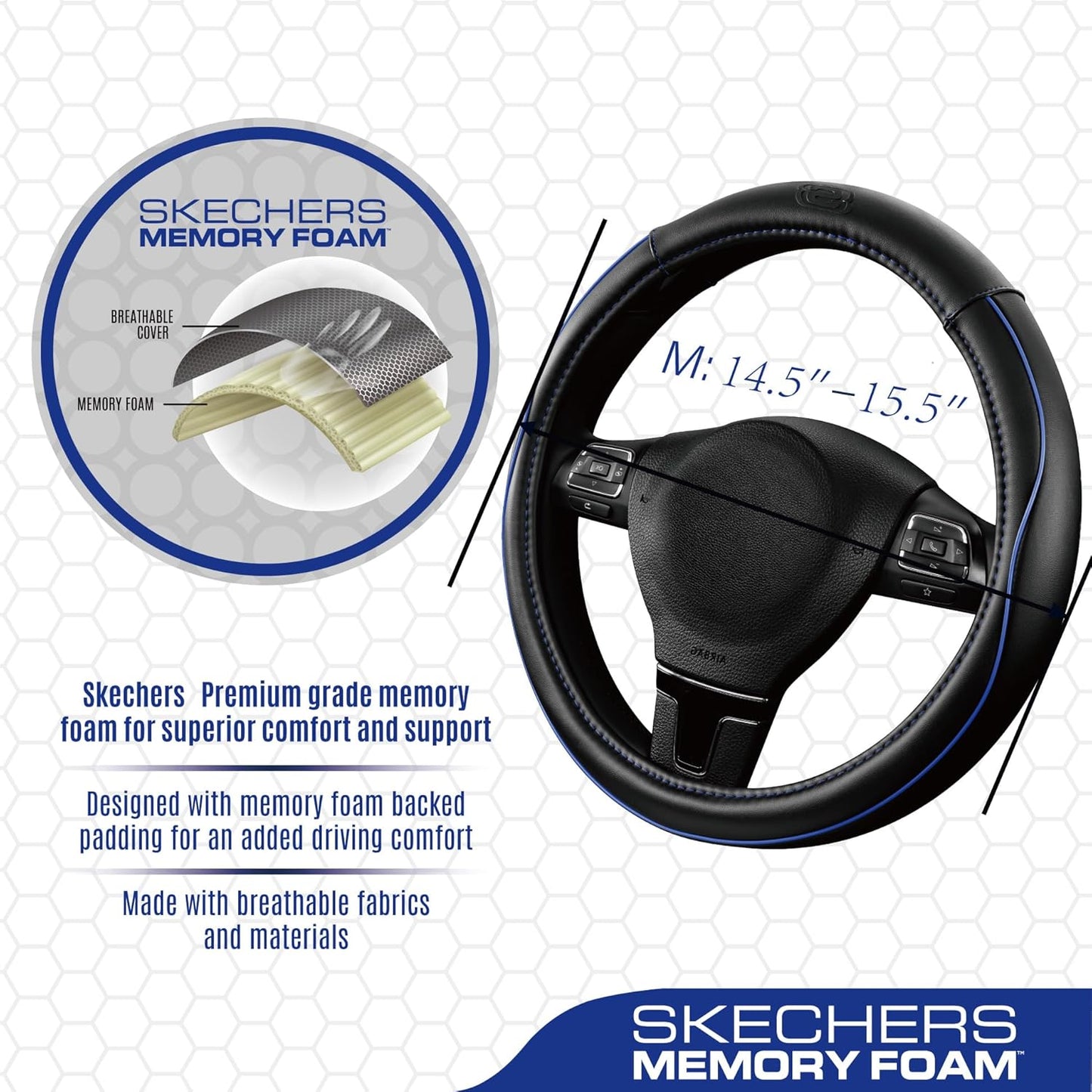 Skechers Memory Foam Steering Wheel Cover,Piping Microfiber Leather Steering Wheel Cover Sporty Universal Fit 14" 1/2-15" Car Wheel Protector for Men Women Fit Suvs,Vans,Sedans,Car,Trucks,Blue