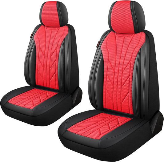CAROMOP Luxury Faux Leather&Fabric Car Seat Covers 2 Front Seats with Breathable 3D Foam Back Support, Universal Seat Covers for Cars,Trucks,SUVs, Front Armrests Compatible(Black/Red)