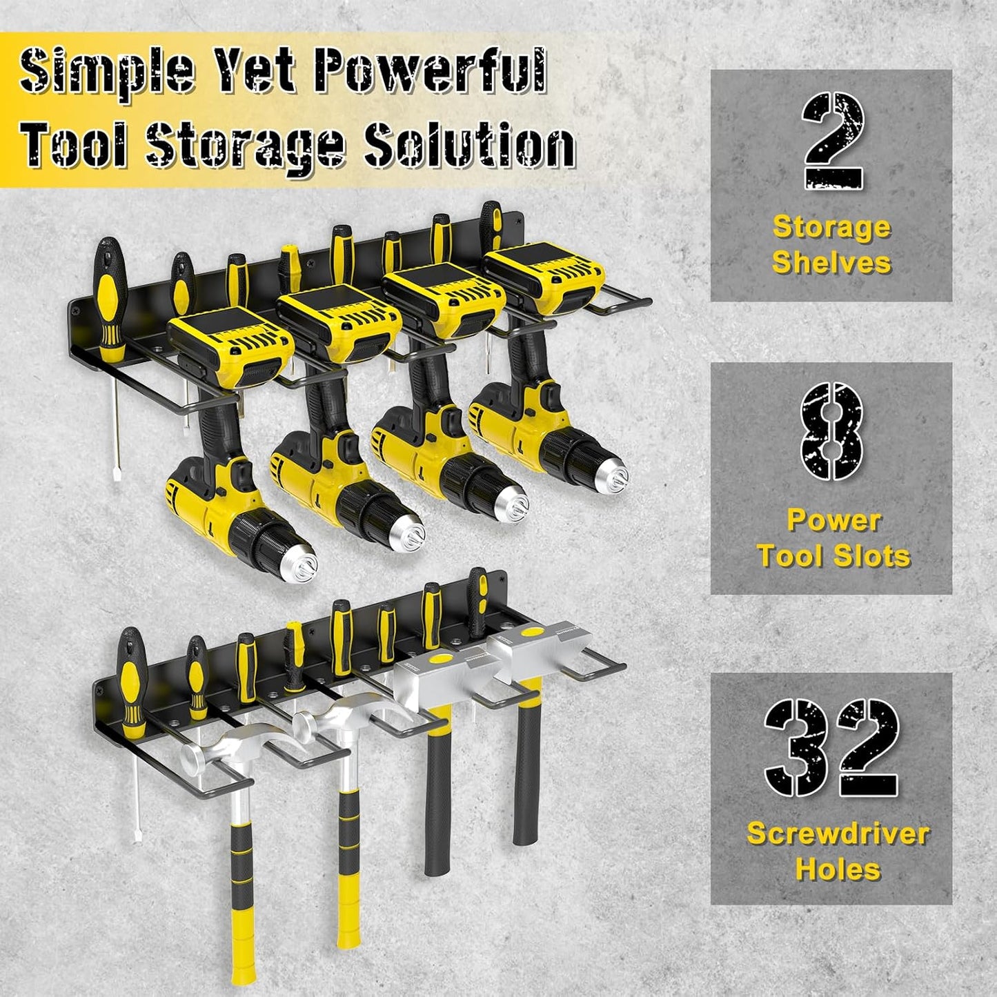 Drill Holder Wall Mount, Power Tool Organizer, Heavy Duty Metal Tool Storage with 8 Drill Racks for Garage Workshop Shed Pegboard Basement, 2 Pcs