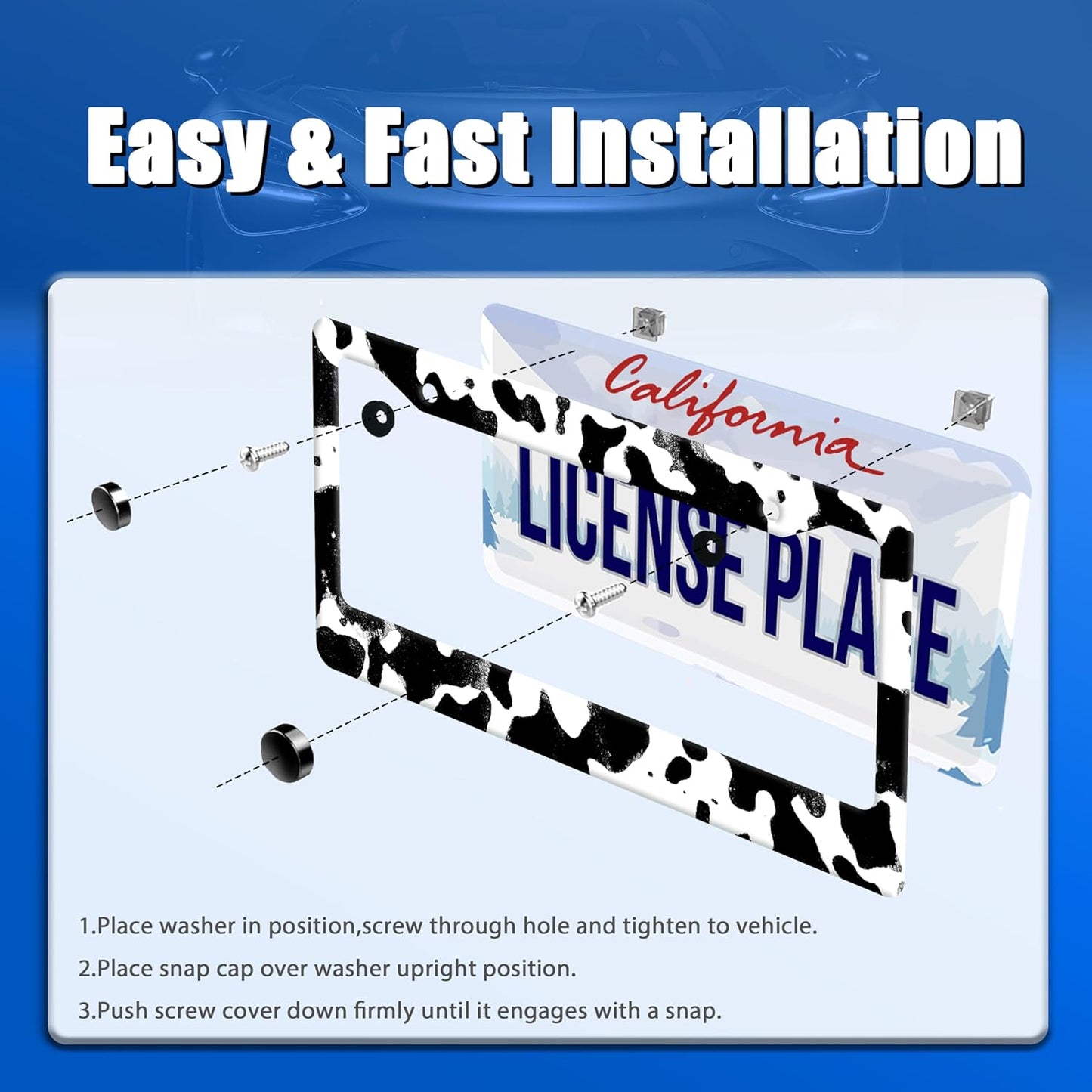 Black White Cows Texture License Plate Frame Animal Cowhide Print License Plate Stainless Steel Funny License Plate Holder Accessories Car Decoration with Screws Fits Standard Vehicles Size12.3 x6.3